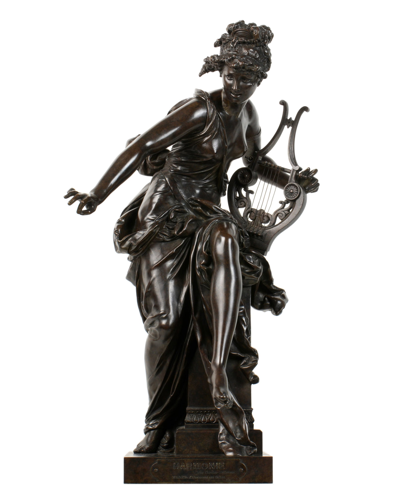 Carrier-Belleuse Harmonie Bronze Sculpture: CARRIER-BELLEUSE, Albert Ernest, (French, 1824-1887): "Harmonie" patinated bronze figure of the muse seated on a pedestal, lyre in her hand, signed on column near base, metal tag on front of base, ove