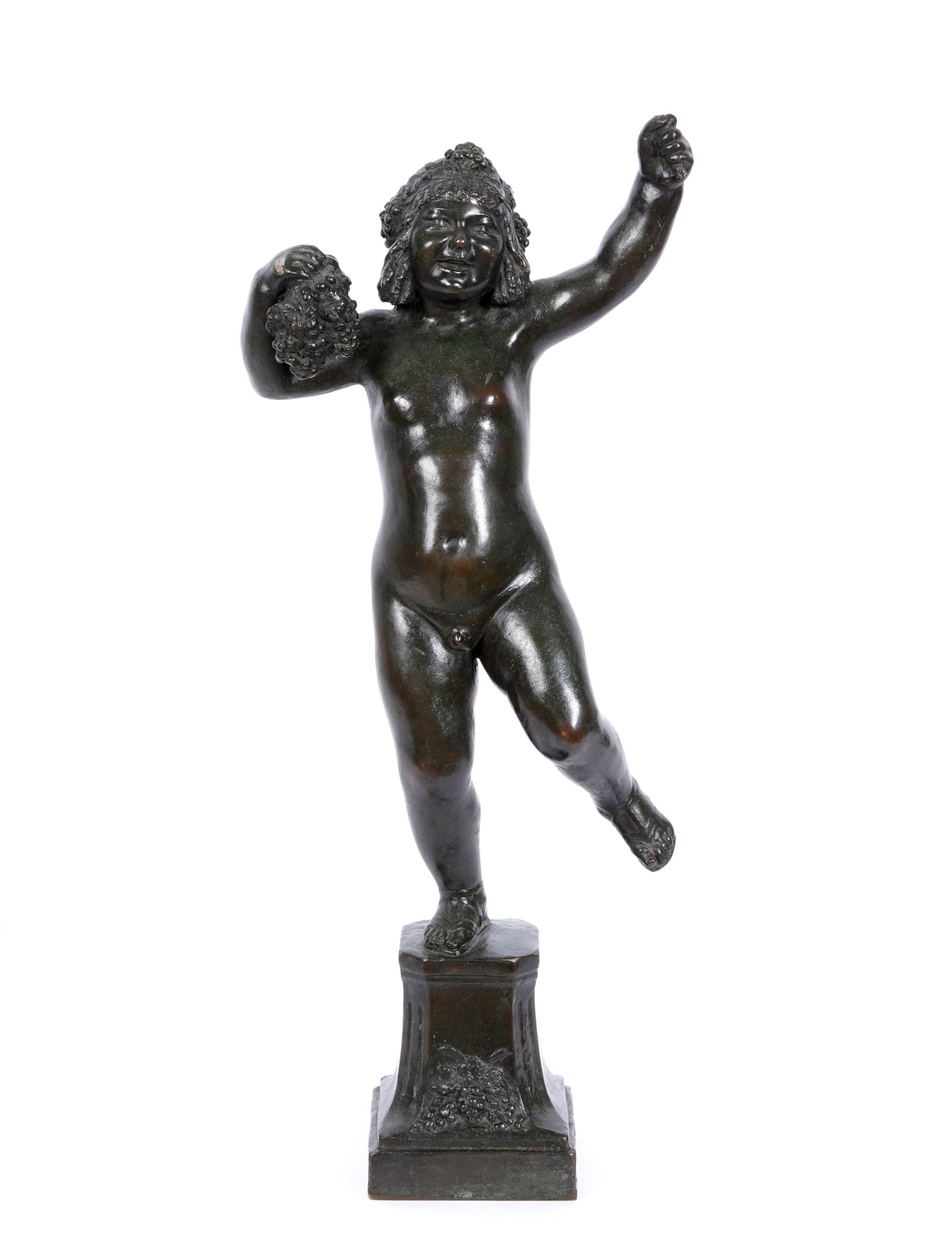 after Horace Daillion Young Bacchus Bronze Figure: after DAILLION, Horace, (French, 1854-1937): "Young Bacchus", patinated bronze sculpture, signed H. Dallion and illegible foundry marks on base, overall 18.775" h. x7.5" x 3.5". From Duck & dolphin an