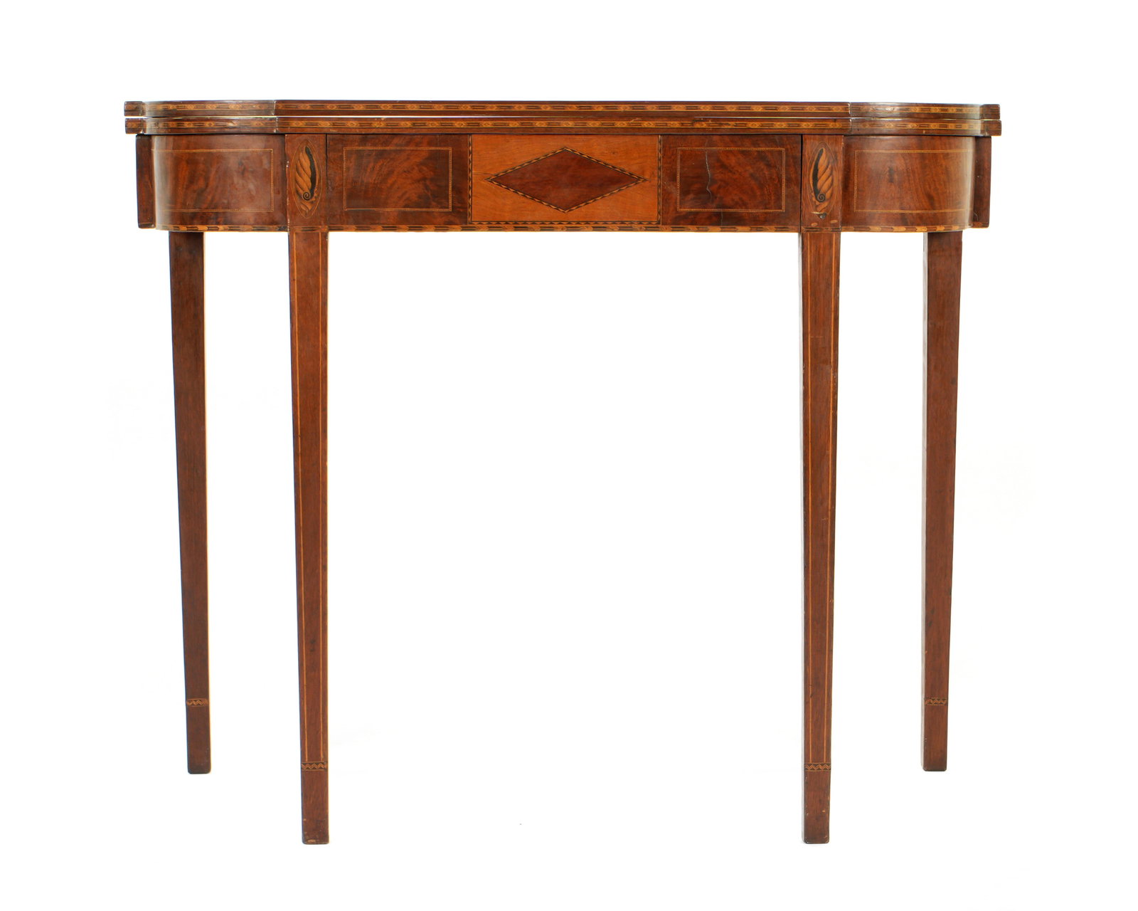 Federal Style Mahogany Inlaid Game Table: Shaped gate leg hinged top, diamond pattern inlaid trim. Conforming skirt, inlaid shells at front joints, center diamond panel. String inlay tapered legs, overall 29.75" h. x 36" x 17.5". Condition: S