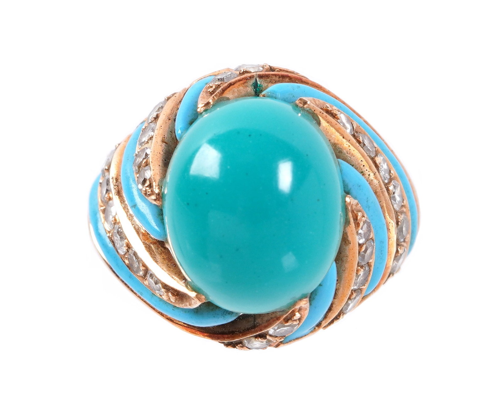 14k Gold Turquoise and Diamond Fashion Ring: 14k yellow gold fashion ring, center oval cabochon turquoise 12mm x 9.5mm x 6mm. 24 single cut diamonds, total weight .5ctw, VS1-VS2 clarity and H-I color. 6 sections of blue enamel highlights. Size 6