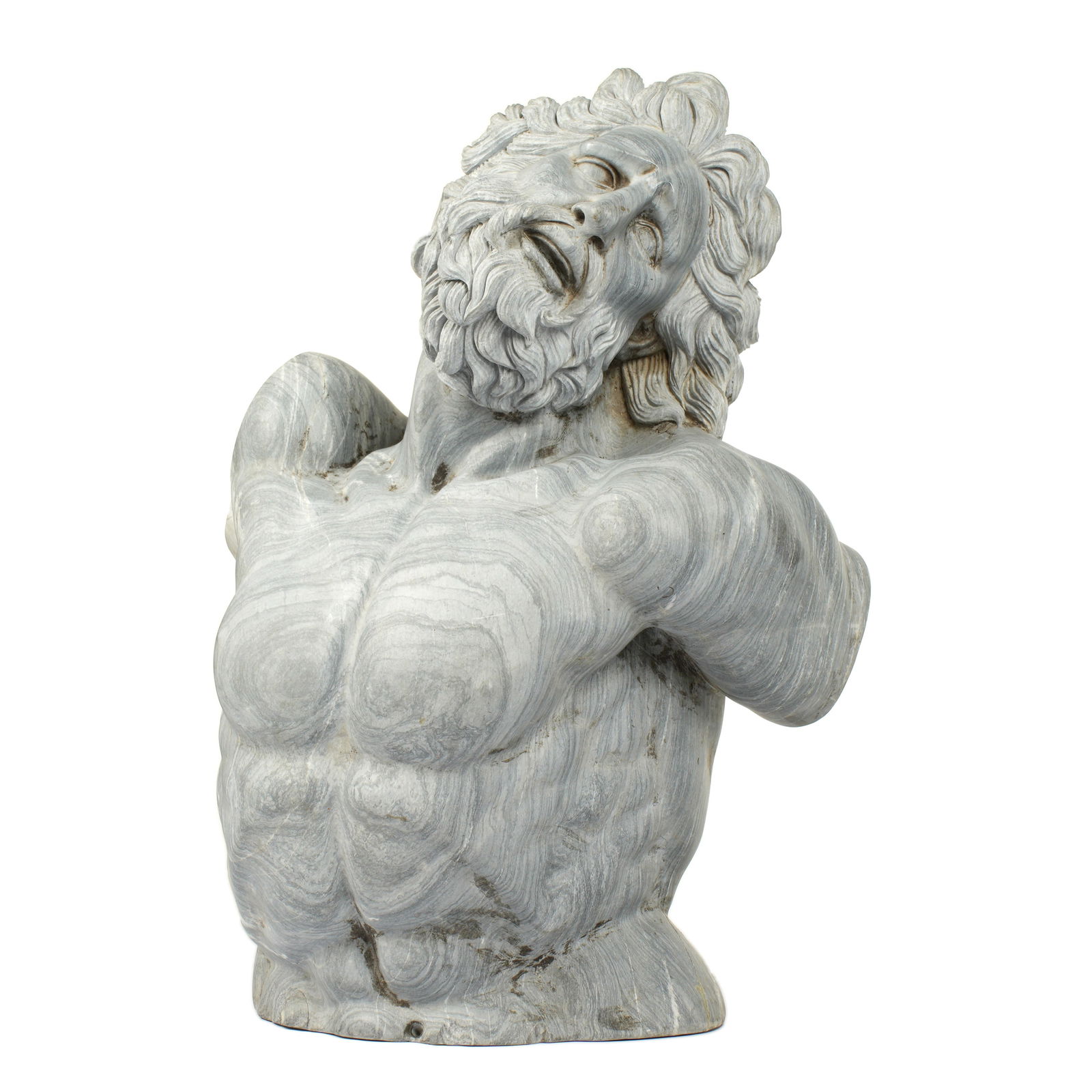 Large Carved Marble Bust of Laocoon: 20th Century after the antique, carved grey variegated marble bust of Laocoon, no visible signature, overall 30.75" h. x 23.5" x 13". Condition: Cracks and repairs to base, small chips, signs of weath