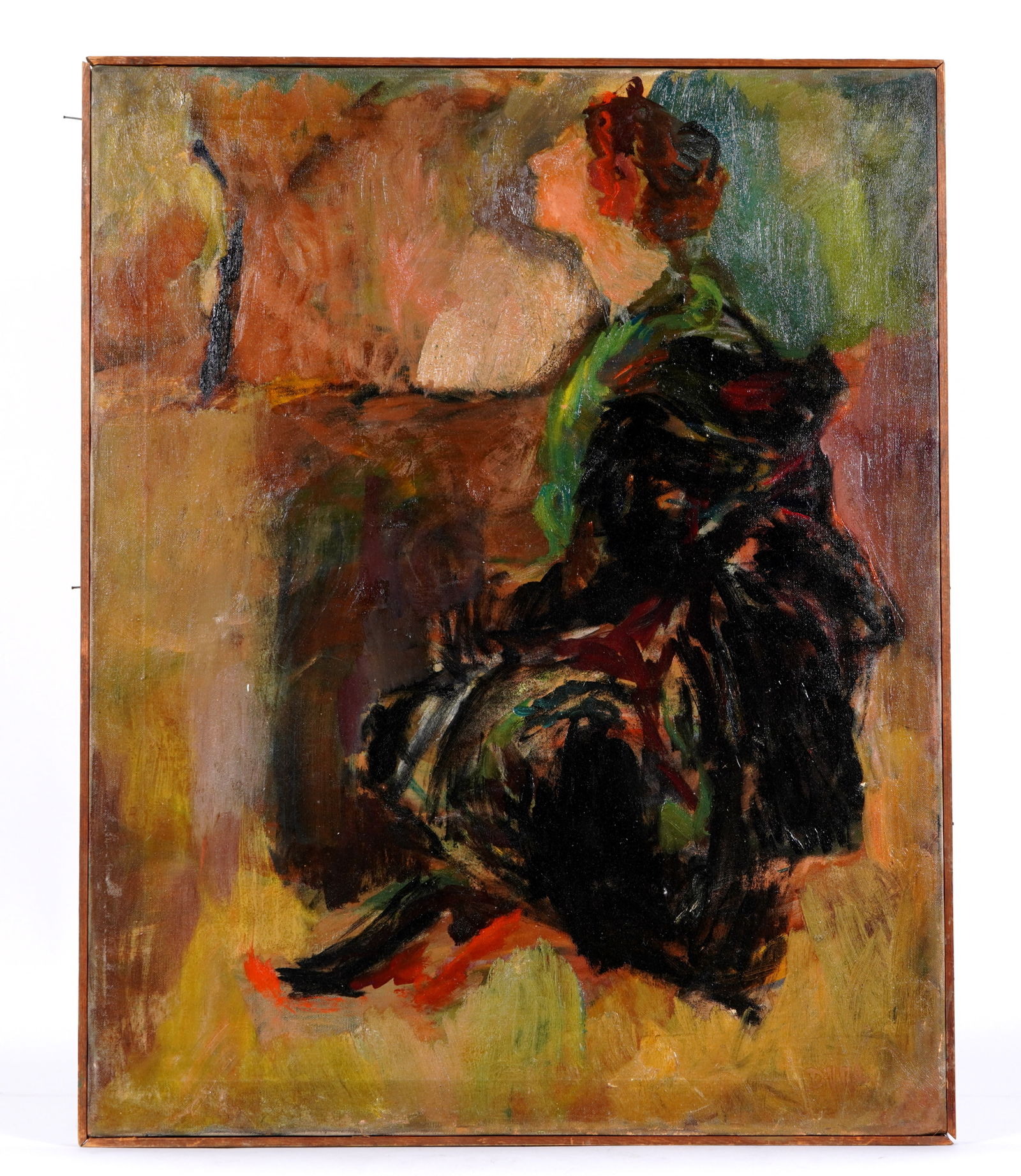 attr Alberto Dura Portrait of a Woman Painting: attributed DURA, Alberto, (Uruguay, 1888-1971): Impressionist portrait of a woman in profile, Oil on Canvas, signed lower right and verso, 30" x 24", thin wood frame 30.5" x 24.5". Condition: Two patc