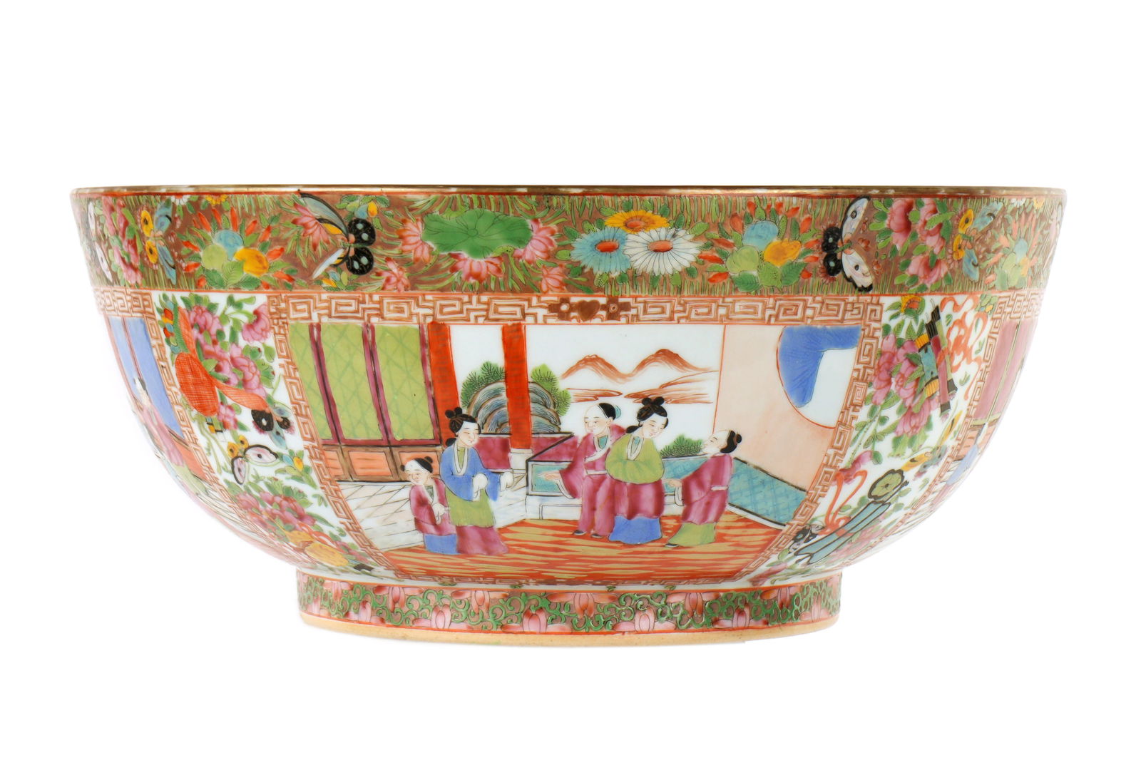 Antique Chinese Rose Medallion Punch Bowl: Large porcelain punch bowl. Unusually nice interior with genre scenes in reserves. Matching exterior, bands with floral and butterfly designs, overall 7" h .x 16".