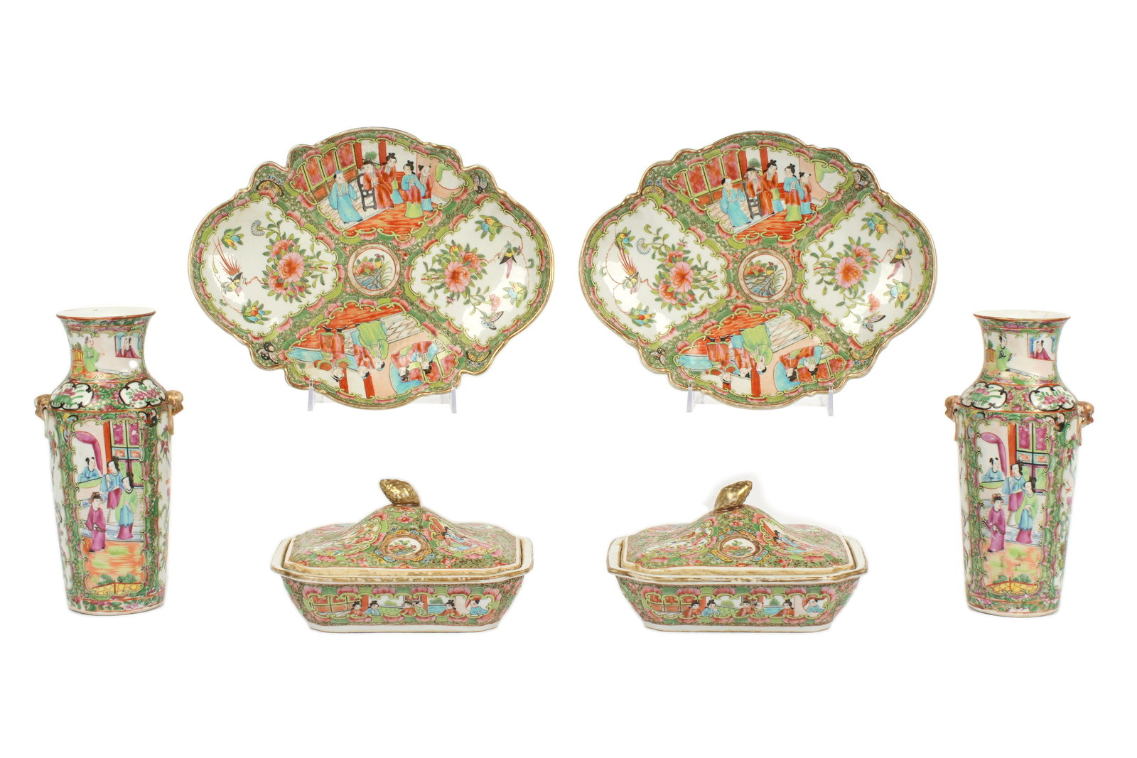 Antique Chinese Export Rose Medallion Lot: Six Rose Medallion decorated porcelain pieces total to include 1-2) Pair scalloped and footed bowls with stands, 3" h. x 12.25" x 9.75". 3-4) Pair vases, 9.75" h. x 4.75". 5-6) Pair covered vegetable