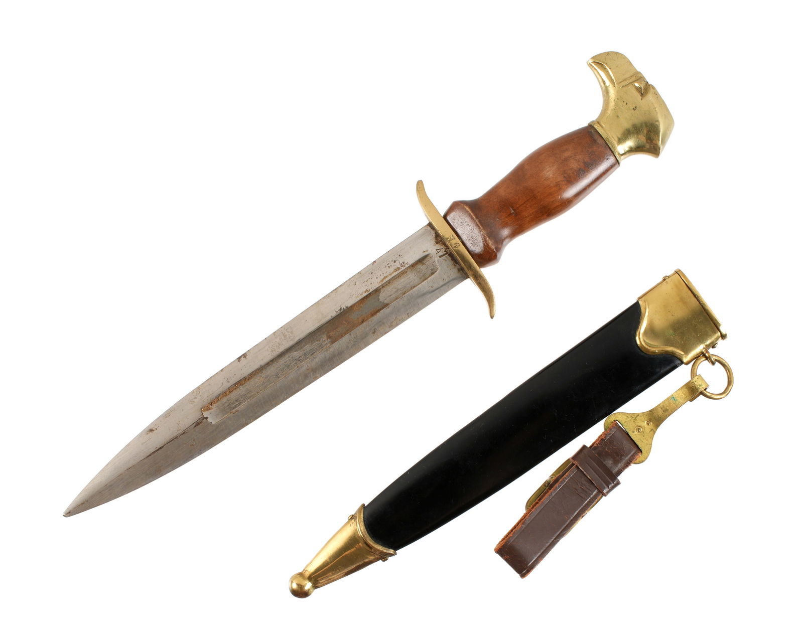 Slovak WWII Hlinka Guard Dagger with Hanger: Rare dagger, brass eagle head finial, solid wood grip, small serpentine cross guard stamped HG (Hlinkov Garda). 8 5/8" blade stamped with accountability number 47, center fuller. Sold with sheath and