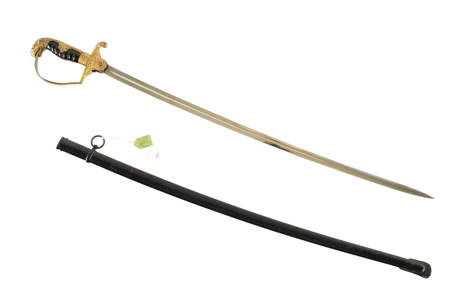 German WWII Justice Officers Eagle Head Sword: Gilt metal hilt with eagle head pommel, P form knuckle guard, WWII German emblems at langet, composite grip. 28.5" blade marked with Eickhorn mark at ricasso obscured by langet. Painted metal scabbard