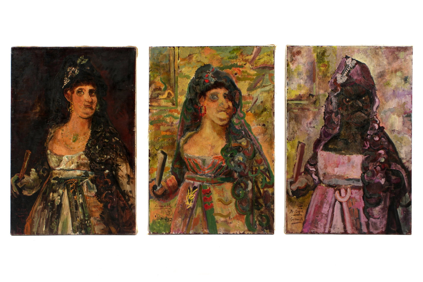 Exhibited Alberto Gironella Metamorfosis Triptych: GIRONELLA, Alberto, (Mexican, 1929-1999): "Metamorfosis Par Una Reina", triptych depicting the metamorphosis of Queen Maria Louisa of Parma to a grotesque figure, Oil on Canvas, each signed De Goya Gi