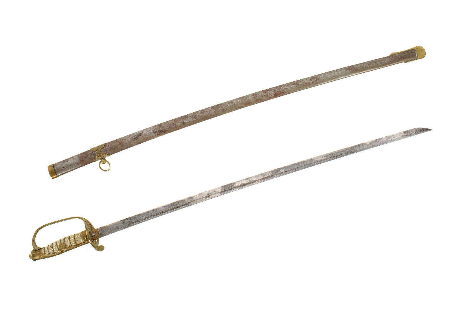 Japanese WWII Kyu-Gunto Army Sword: Embossed brass hilt, shagreen sharkskin grip, 27 5/8" blade with single fuller. Steel scabbard with brass mounts. Overall 37" long. condition: Blade tip blunted, spotting and minor surface rust to bla