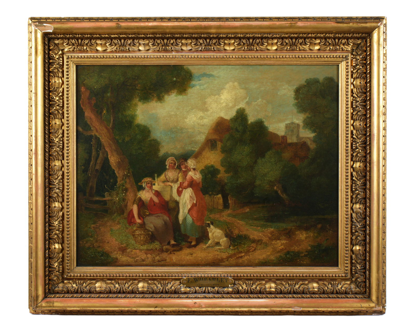 Francis Wheatley Gathering of Maidens Painting: WHEATLEY. Francis, (British, 1747-1801): Depiction of a gathering of woman in a rural town landscape, Oil on Canvas, no visible signature, older exhibition labels verso, 20" x 26", framed 29.5" x 35".