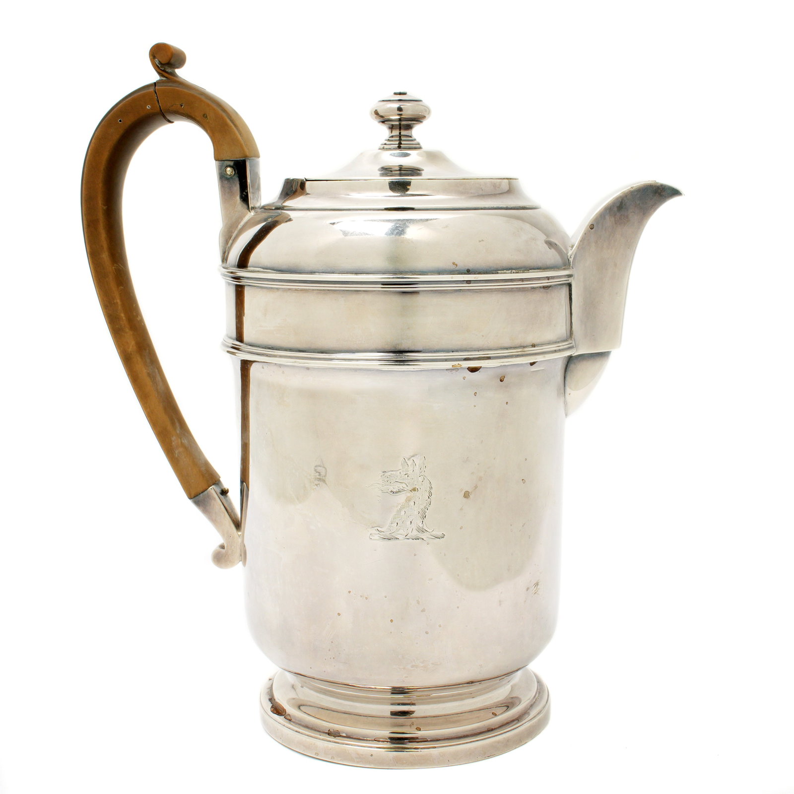 Georgian 1808 Robert Garrard Silver Coffee Pot: Coffee pot with hinged lid, shaped and carved wood handle, well marked under foot with Robert Garrard I hallmark, 1808 London date marks. Engraved mythical serpent head either side. Overall 8.5" h. x