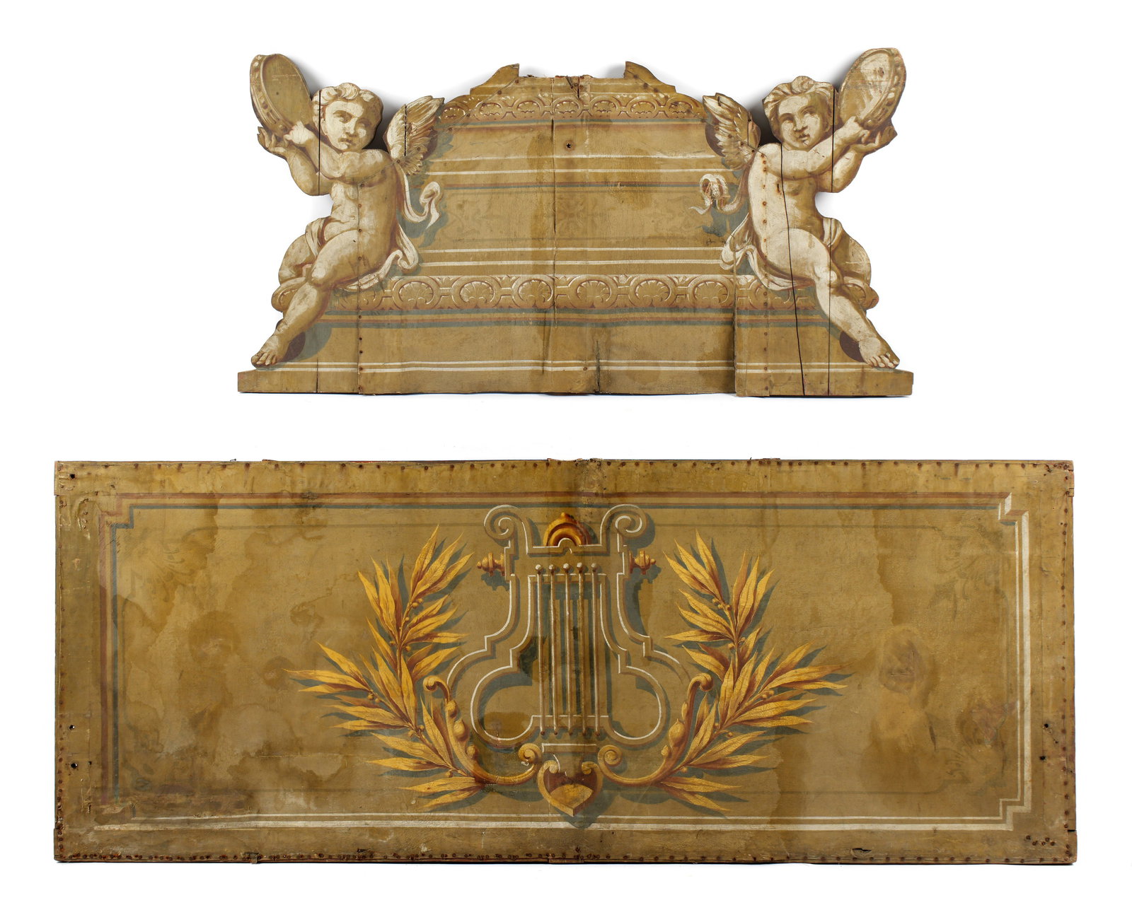 Two 19th Century French Painted Panels: Two painted panels to include 1) Rectangular painted canvas with center lyre and foliate spray, 35.25" x 91.5". 2) Shaped painted canvas with figural cherubs holding tambourines, 29.5" x 58.75". Condi