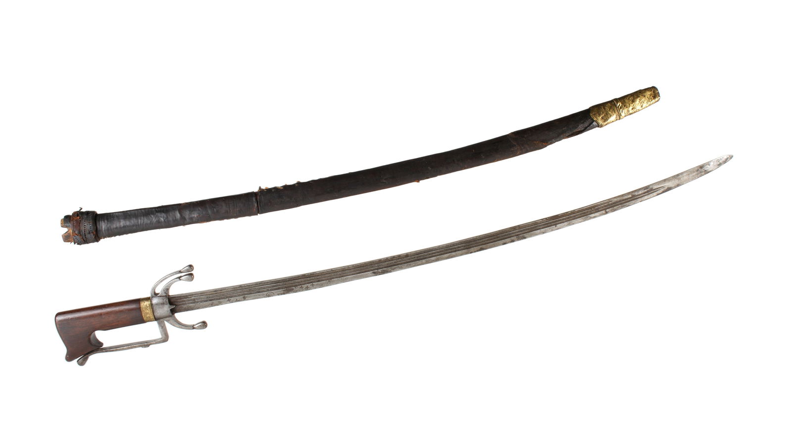18th/19th C. North African Nimcha Sword & Scabbard: 18th / 19th Century, North African Moroccan nimcha sword, carved wood grip, iron guard, three downturned quillons. 33.5" blade with impressed marks either side, three fullers. Leather wrapped wood sca