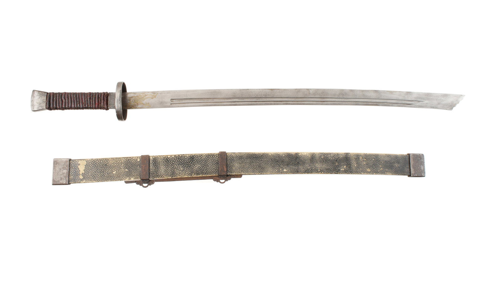 Chinese / Tibetan Zhibeidao Inlaid Dragon Sword: Iron pommel and disk guard, coiled cloth wrapped grip, 28.75" damascus blade with inlaid gold dragon or serpent heads at ricasso on both sides, double fuller, stepped tip, very slight curve to blade. 