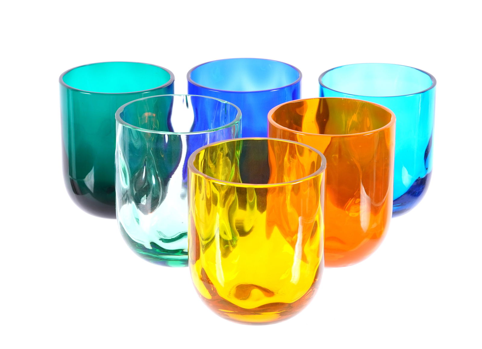 Six Venini Murano Balloton Glass Tumblers: Six pieces monofiori Balloton tumblers by Venini in assorted colors, each signed and dated, 3.5" h. x 3" dia.