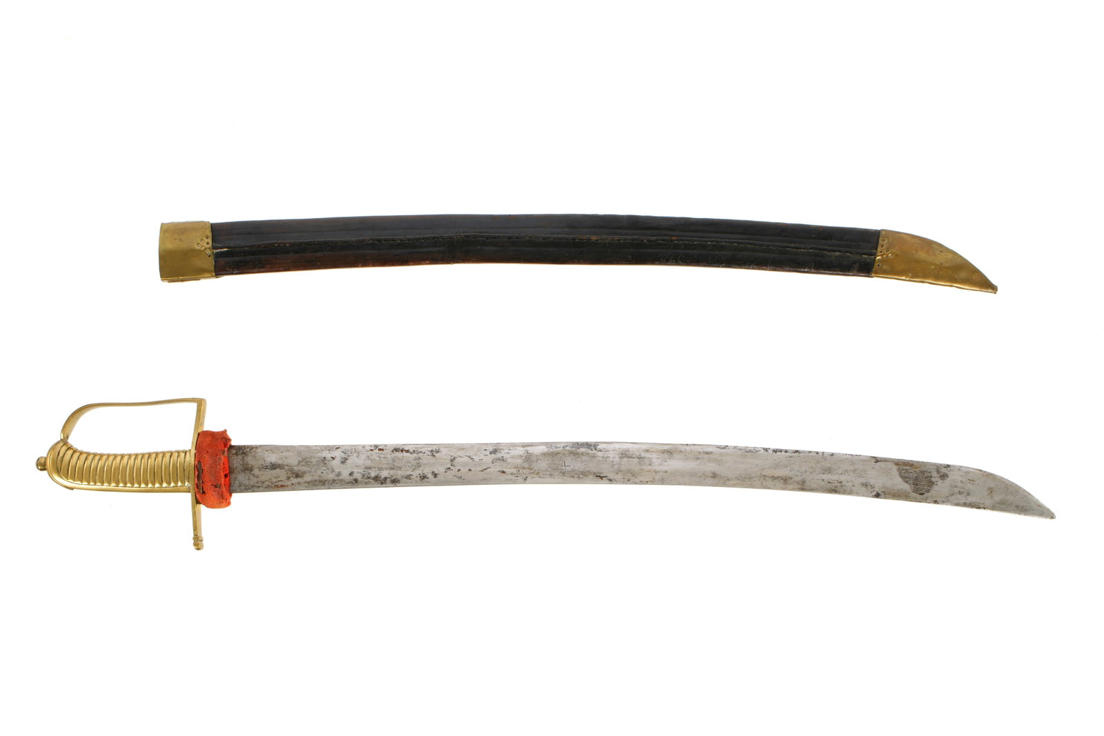 18th Century French Grenadier Cutlass / Sword: All brass hilt and ribbed grip, unmarked 23.75 blade with cloth covered collar. Leather wrapped wood scabbard with brass mounts, overall 29.5" long. condition: Blade with staining and minor pepper pit
