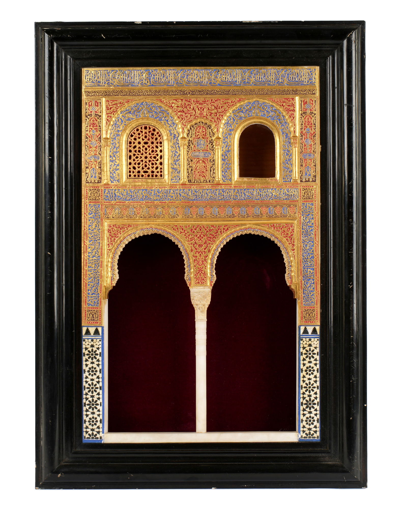 Rafael Contreras Alhambra Architectural Plaque: Polychrome and gilt decorated architectural model "Palacio Arabe de la Alhambra" by Rafael Contreras, original label verso, 17.5" x 11, framed 21.5" x 15.5". Condition: missing upper right window, chi