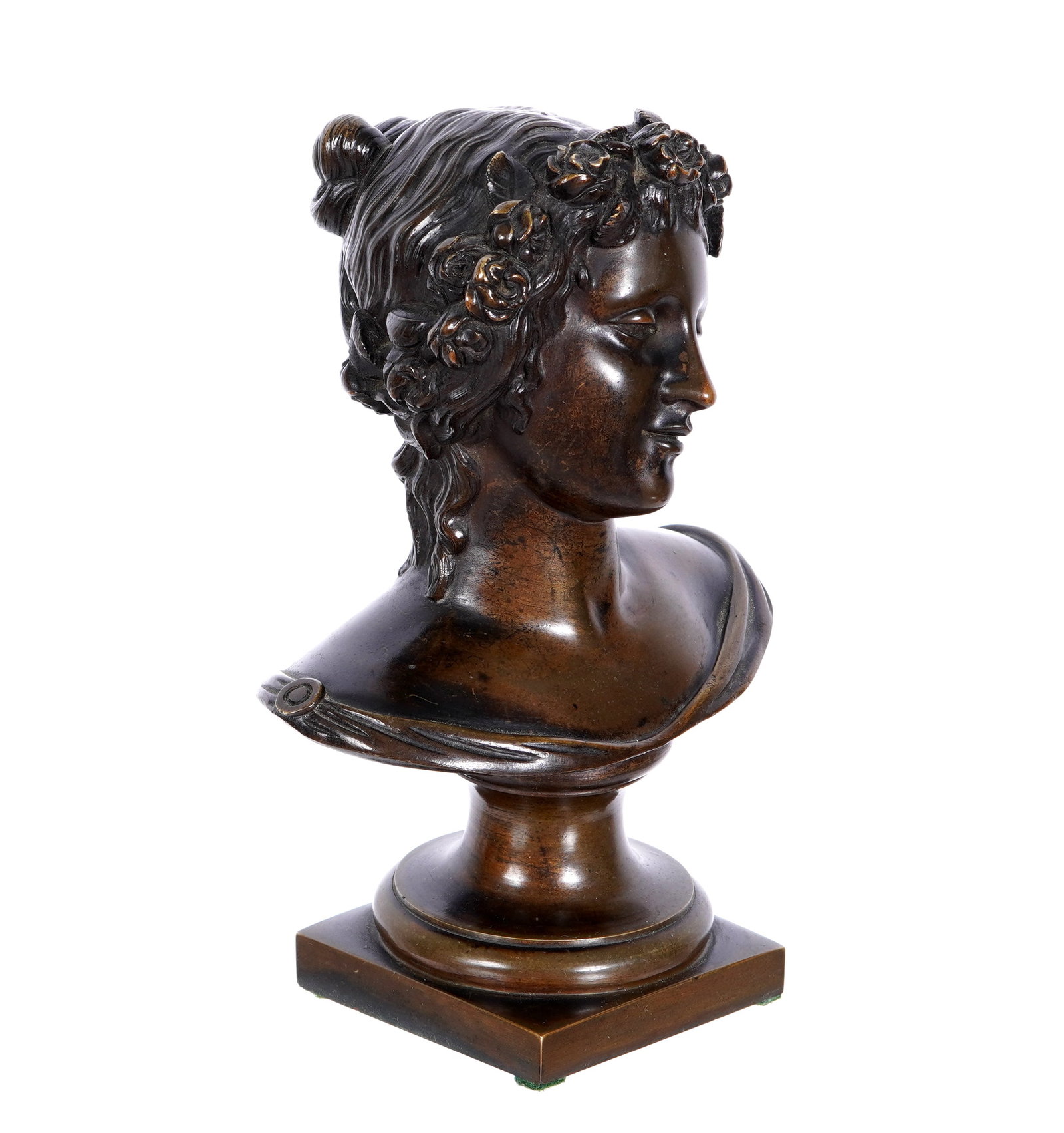 after Clodion Bronze Bust of a Woman: Small bronze bust of a classical woman, signed Clodion under shoulder , overall 6.5" h. x 4.75" x 3". From Duck & dolphin antiques in Key West, Florida. Paul Cox (1941-2019) was the driving force behi
