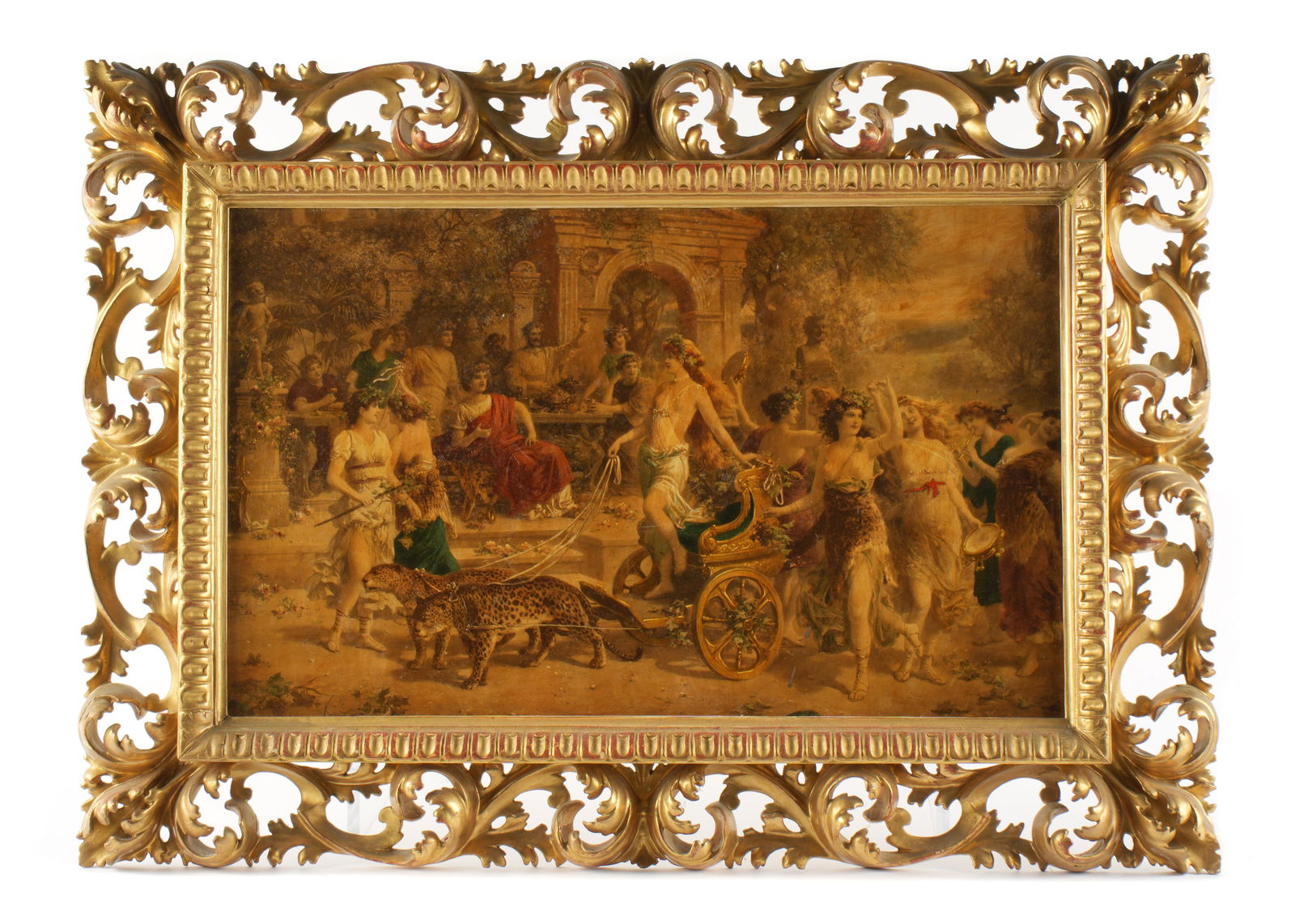 Ornate Italian Carved Gilt Wood Frame: Rococo style ornate carved foliate scroll motif gilt wood frame. Overall 32.25" x 23", fits a15.5" x 24.5" image or mirror. Sold with inconsequential artwork. Minor war gilt.