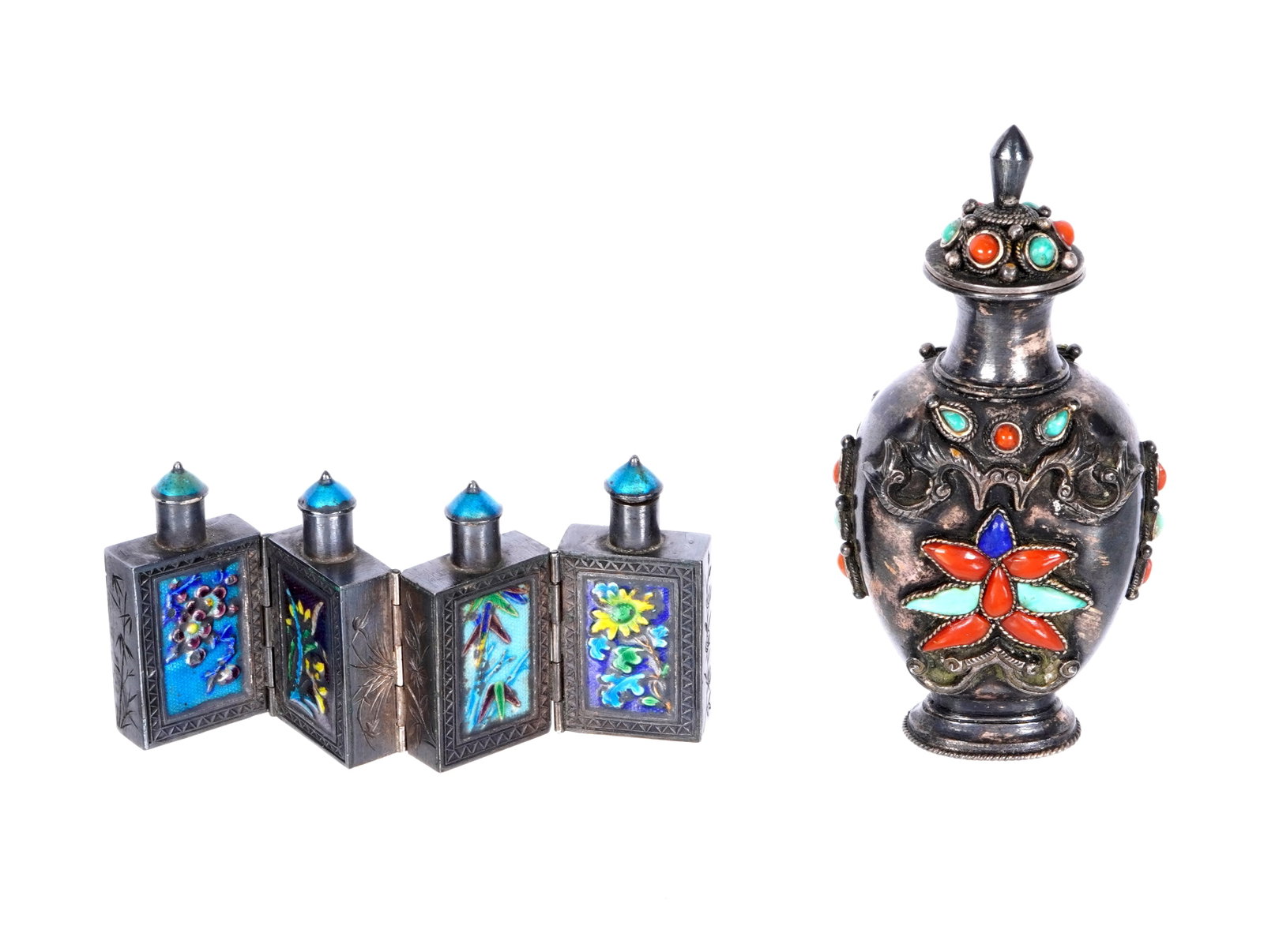 Two Chinese Silver and Compartmented Snuff Bottles: Two pieces total to include 1) Silver snuff bottle with inset coral, turquoise, and other stones, 3.5" h. 2) Four hinged silver compartment snuff bottles with enamel decoration1.5" h. x 3.25" long ope