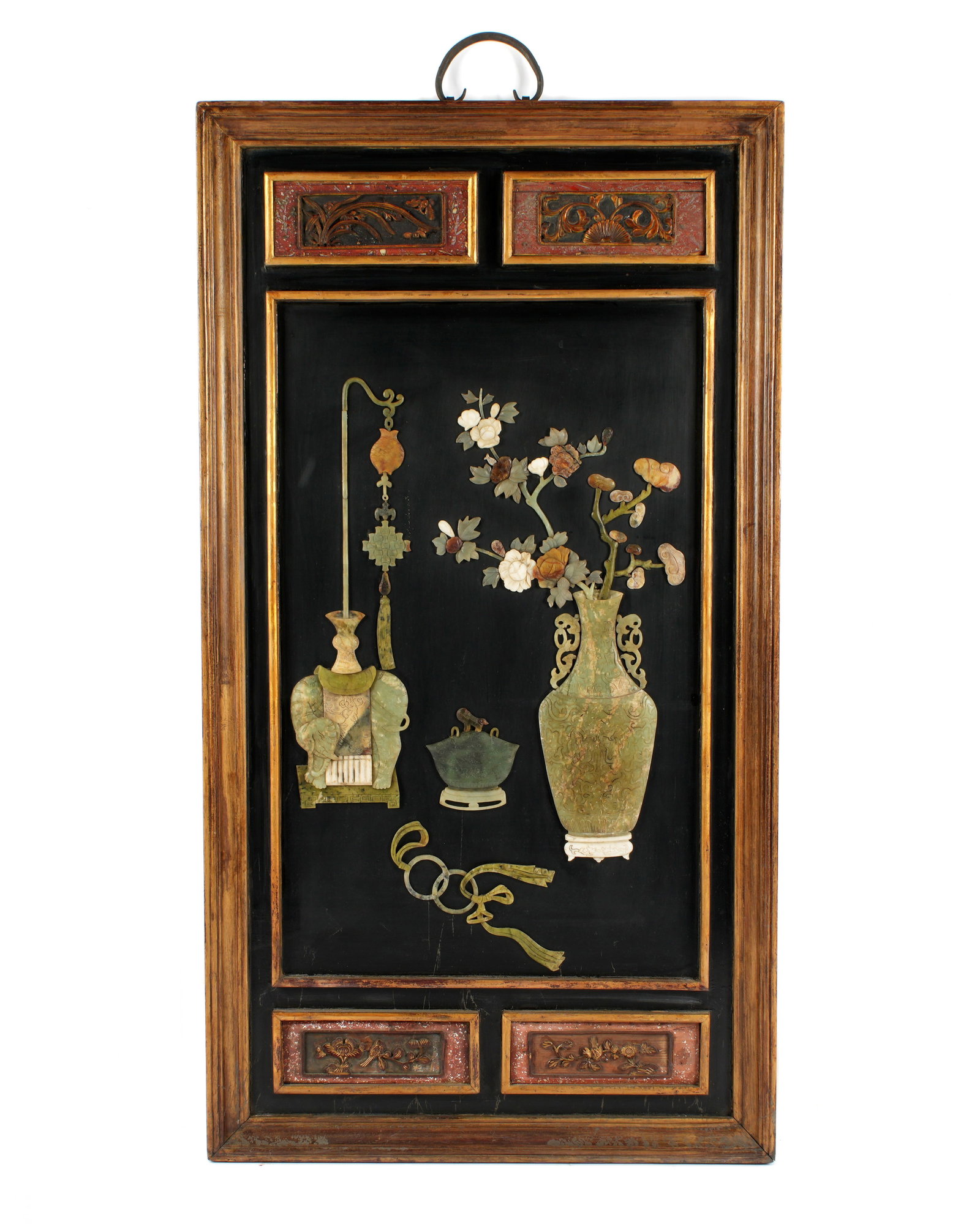 Chinese Jade and Stone Inlaid Wood Panel: Center panel inlaid with jade and other similar stone household and auspicious objects, two carved panels above and below. Back with painted chinoiserie decoration. Measures 50" x 27.5".