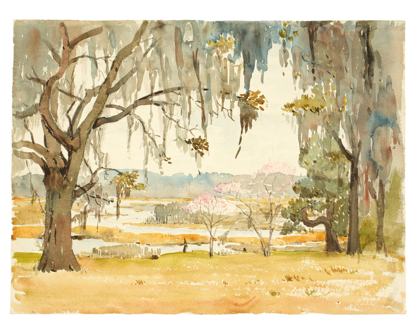 attrib Ethelbert White Summer Landscape Watercolor: attributed WHITE, Ethelbert, (British, 1891-1972): Boggy landscape with flowering trees, Watercolor / Pencil on Paper, illegible signature lower right, 15" x 20", unframed. From the Alexander Raydon G