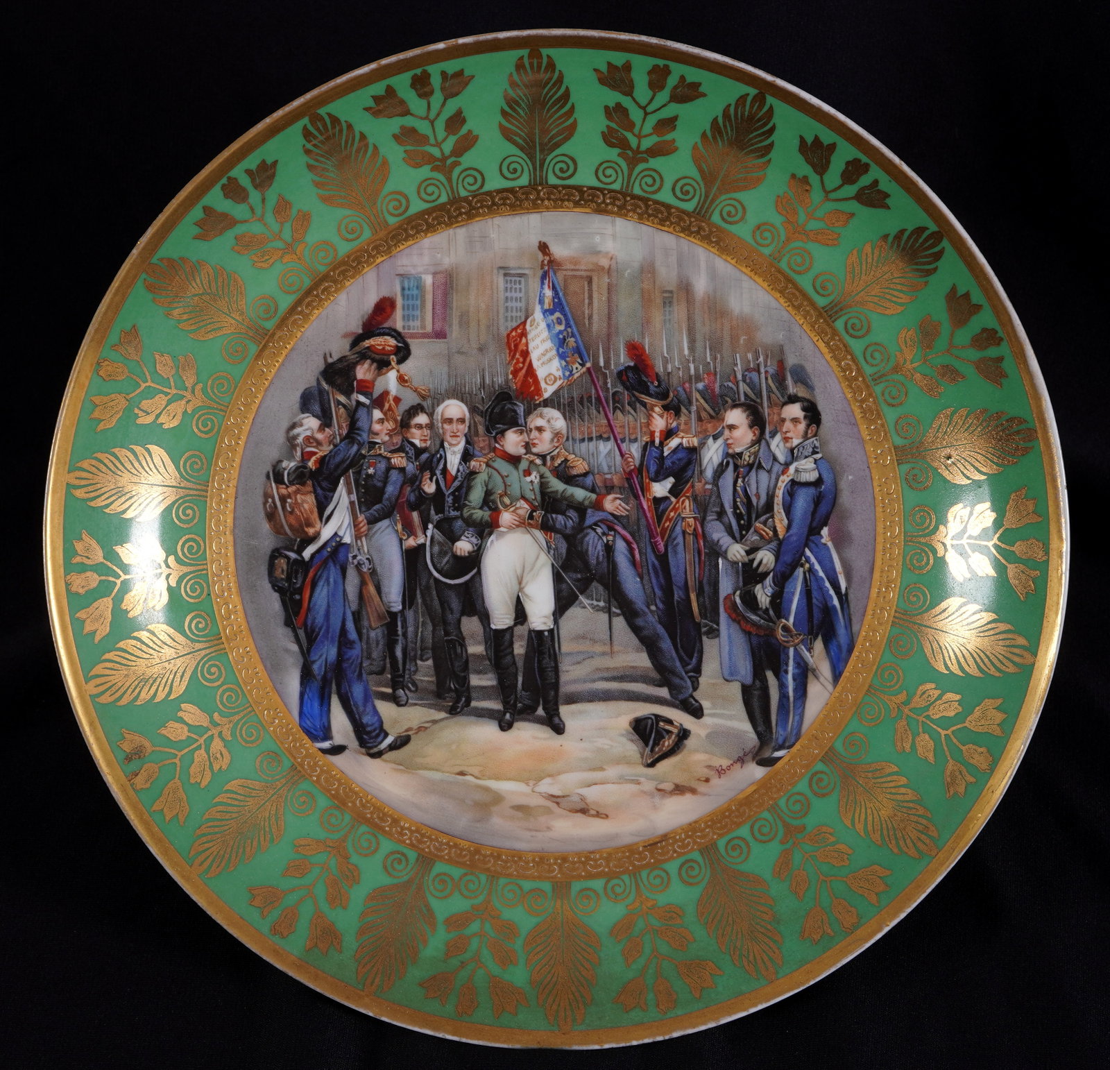 Napoleon Les Adieux et Fountainebleau Cabinet Plate: Porcelain cabinet plate depicting Napoleon leaving Fountainebleau, signed Bonger, gilt accents, well marked on back, 10.5" dia.