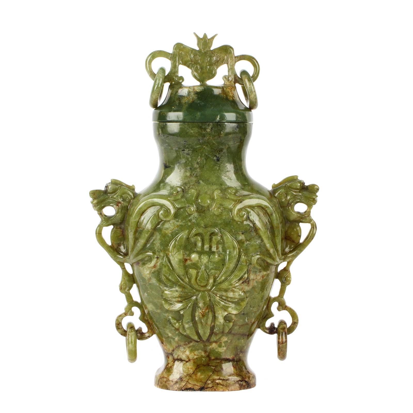 Old Chinese Carved Jade Vase with Lid: Lid with stylized bat finial. Baluster form body, carved lion mask handles, raised foliate designs on body, 8" h. x 5.25" x 2.5".