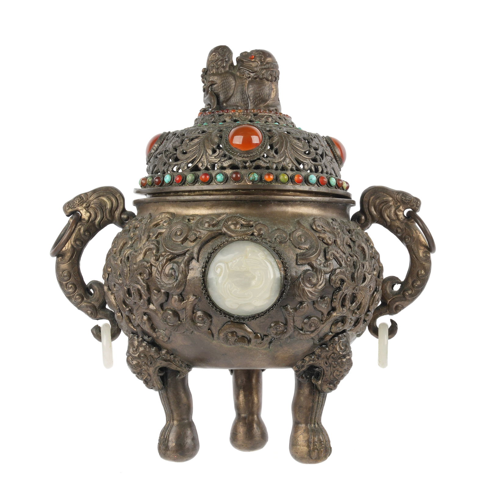 Antique Asian Tripod Censer probably Chinese: Metal tripod censer inset with jade, carnelian, and turquoise. Reticulated lid with foo dog finial, overall 10.25" h. x 9.5". Missing jade on one side. Please see photographs for condition.