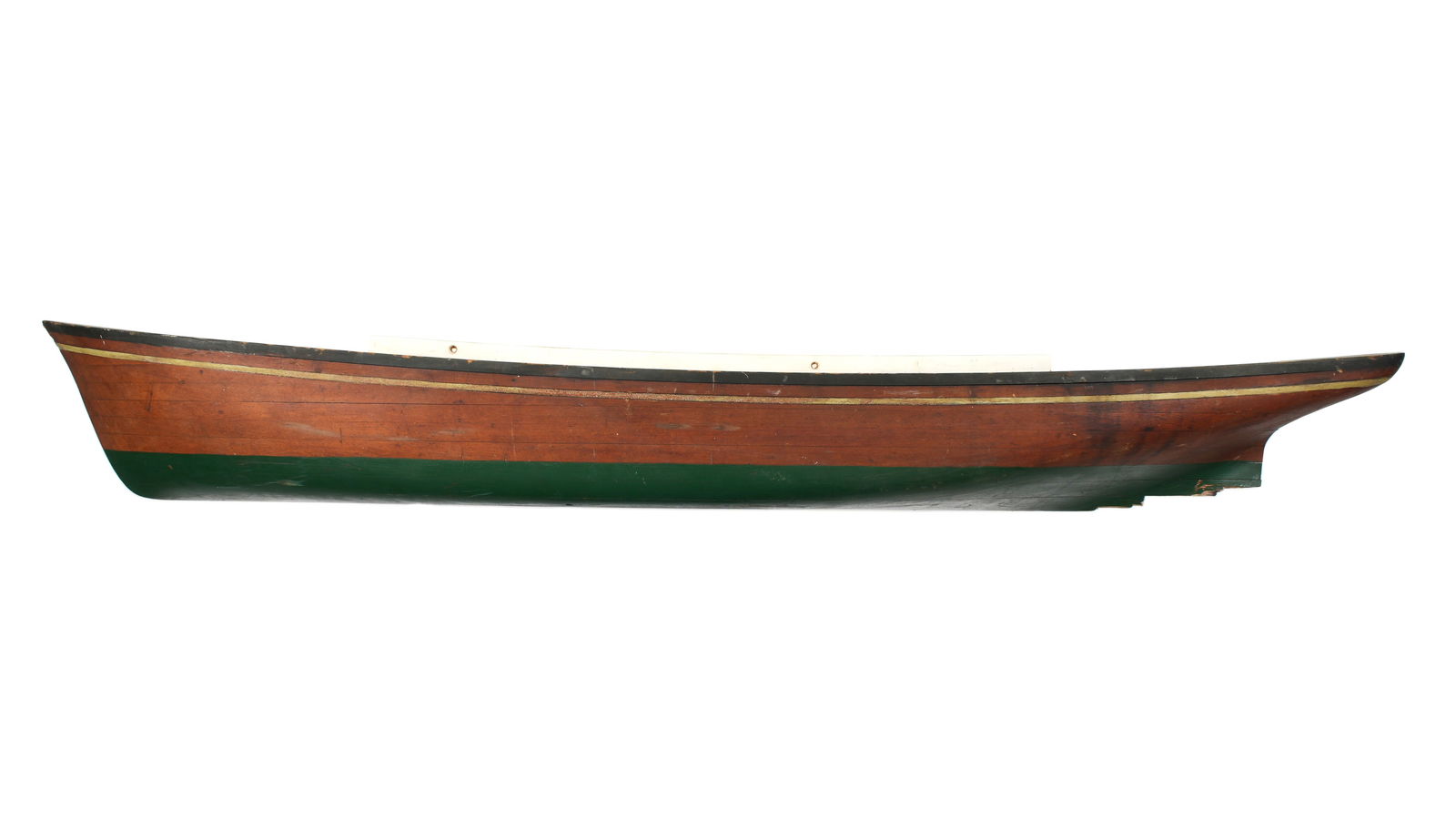 Half Hull Ships Model Wall Hanging: Carved and painted wood half ships hull model, unmarked. Overall 7.5" h. x 60.5" x 6.25". Condition: Chips and losses. From Duck & dolphin antiques in Key West, Florida. Paul Cox (1941-2019) was the d