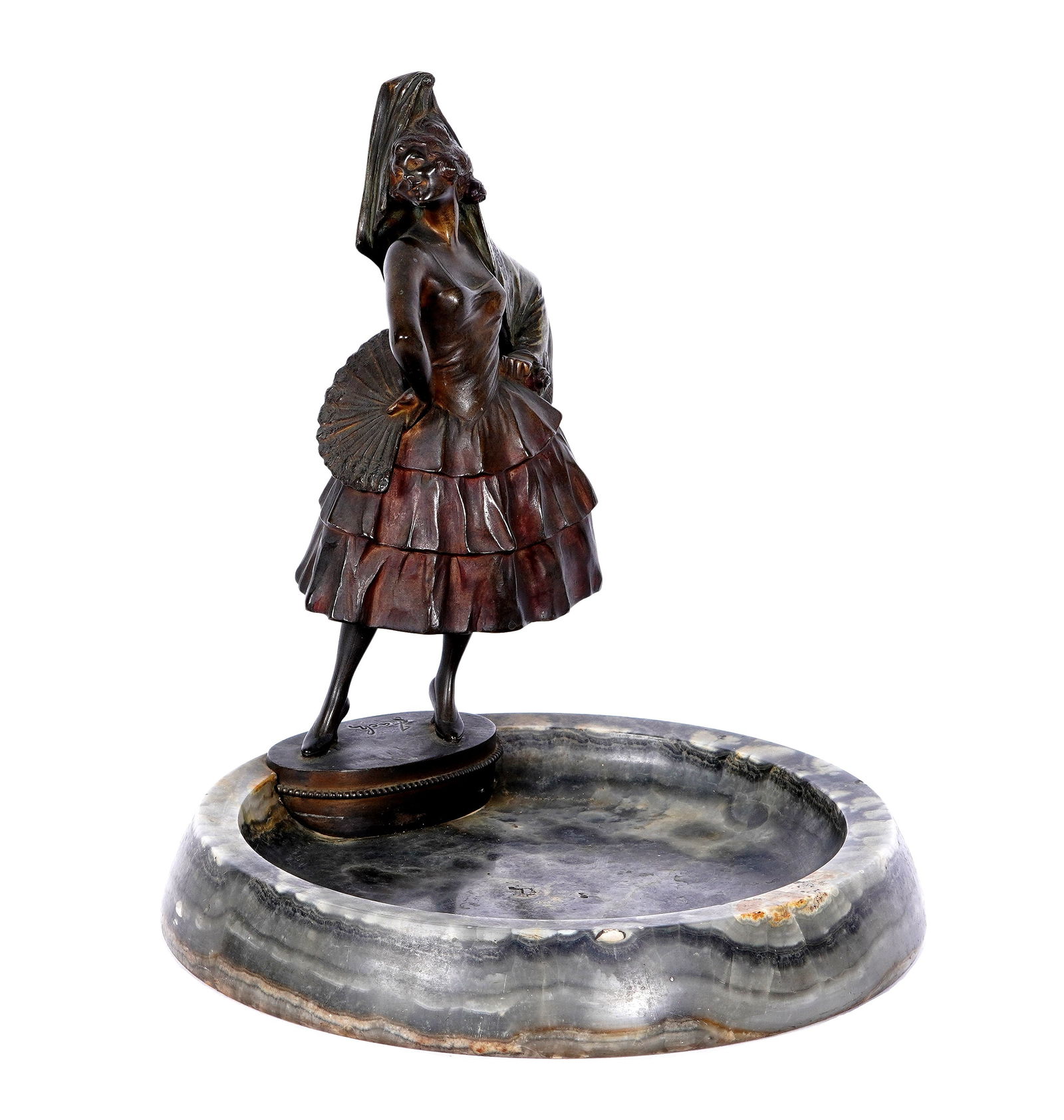 Period Art Deco Signed Bronze Dancer Mounted on Alabaster Basin: Large Jewelry or calling card tray with patinated bronze figure of a flamenco dancer signed Zach, alabaster basin, overall 13" h. x 12". Please see photos for condition.