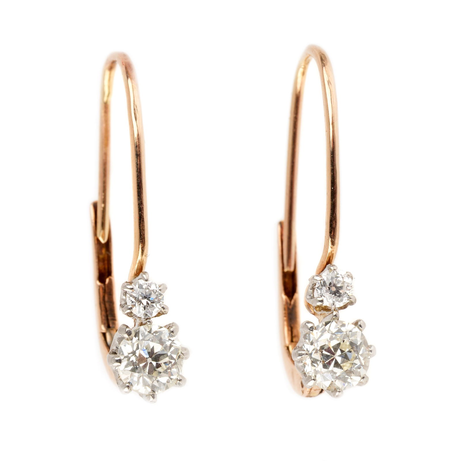 Pair 14k Gold and Diamond Hoop Earrings: Pair 14k yellow gold hoop warrings having two .25ct European cut diamonds and two .05ct European cut diamonds, total weight .60ctw, VS-2 - SI1 clarity, G-H color. Lever backs. approx. 1 gram inclusive