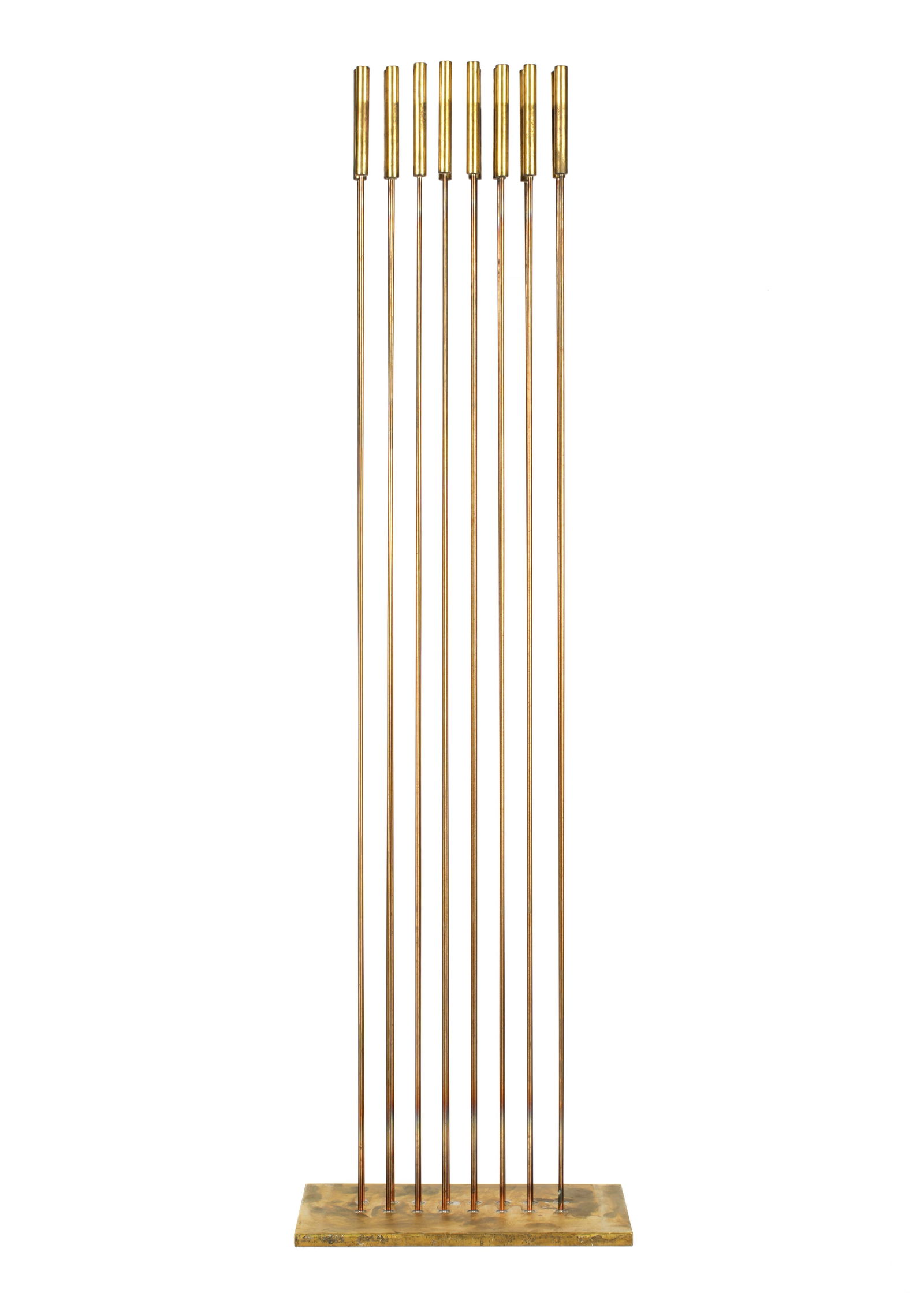 Val Bertoia 16 Candles of Sound Sculpture: BERTOIA, Val, (American, 1949-): "16 Candles of Sound", 16 brass tops silvered to beryllium copper rods, silvered to brass plate. Unsigned, numbered B-2897. Sold with copy of Certificate of Authentici