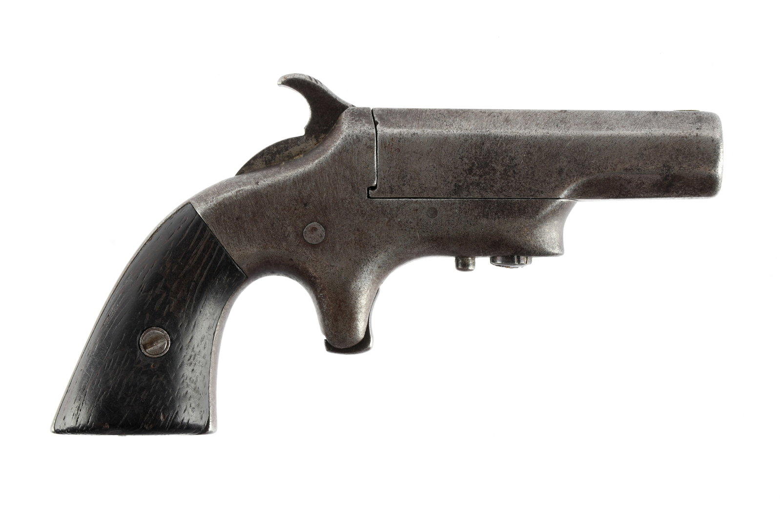 Antique Iron Frame Southerner Single Shot Pistol: "Southerner" single shot derringer pistol. 2.5" approx. .31 caliber barrel marked Southerner on rib, serial number 2253. Rimfire, spur trigger, ebonized wood grips. Overall 4.5" long. Condition: Peppe