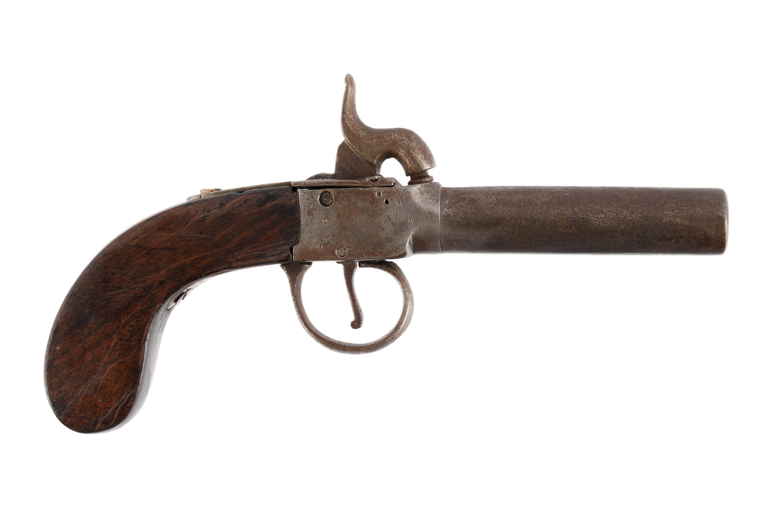 Antique English Percussion Muff or Boot Pistol: 2.75" round approx. .41 caliber unmarked barrel, English proof marks. Percussion top fire action, action does not hold in cocked position. Walnut grips. Overall 6.5" long. Condition: Pepper pitting, t