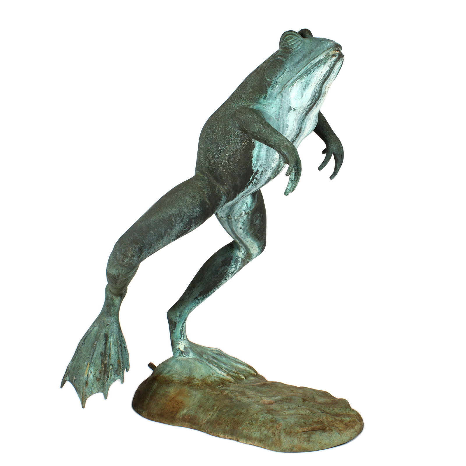 Large Bronze Frog Fountain Signed Rossi: Large patinated bronze fountain modeled as leaping frog, signed Leonardo Rossi at base. Overall 42.75" h. x 31" x 27.5". Condition: Obvious signs of weathering.