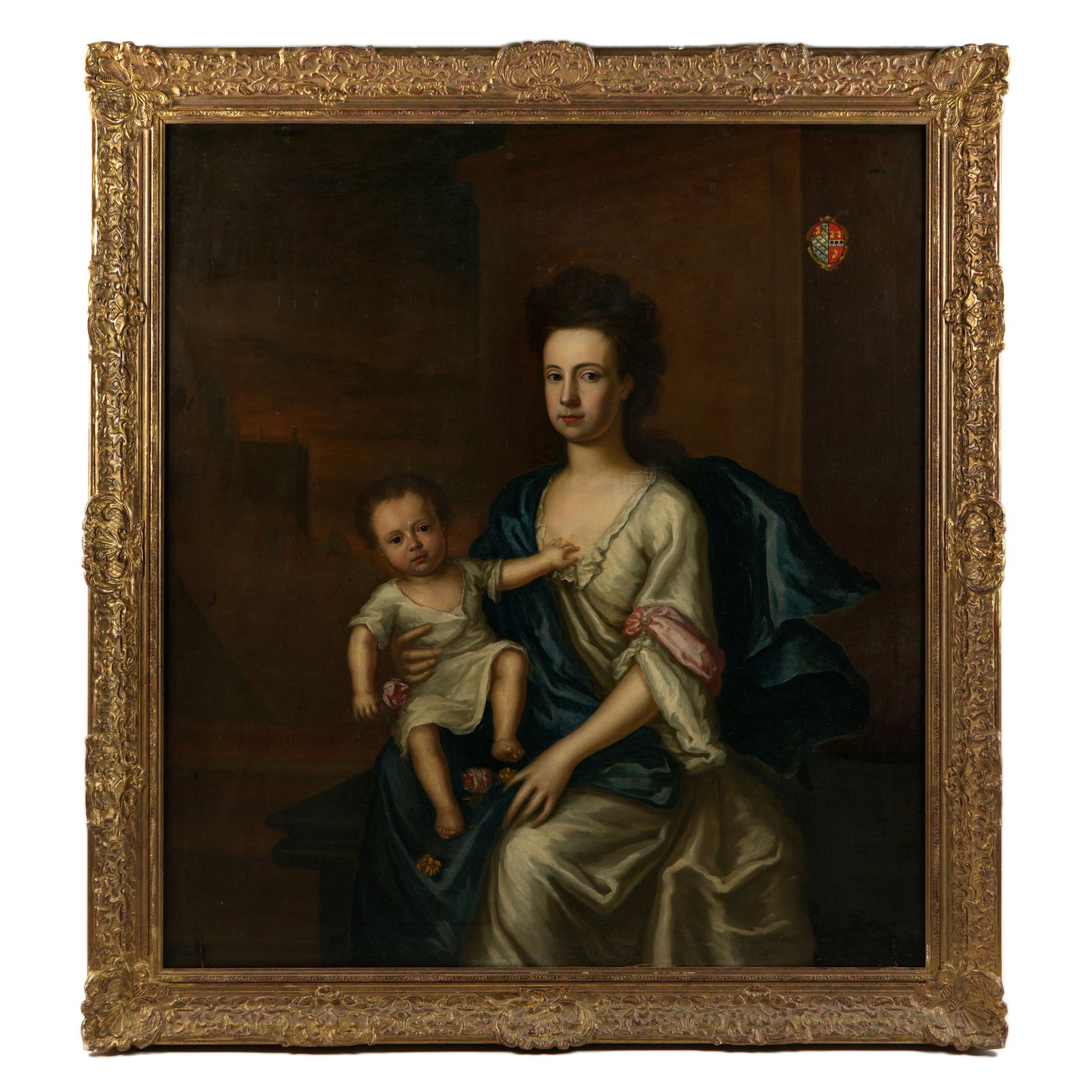 attr Godfrey Kneller Portrait of Margaret Lowndes: attributed KNELLER, Godfrey, (English, 1646-1723): Portrait of Margaret Lowndes (Atcherley) and her first son, Oil on Canvas, no visible signature, impaled heraldic crest of the Lowndes and Atcherley