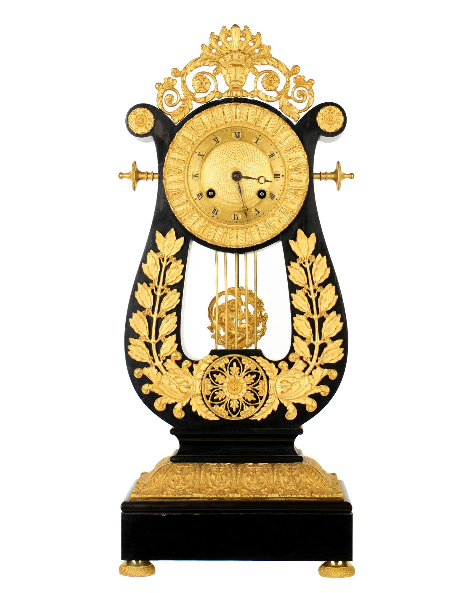 French Gilt Bronze Ebonized Lyre Form Mantle Clock (1 of 9)