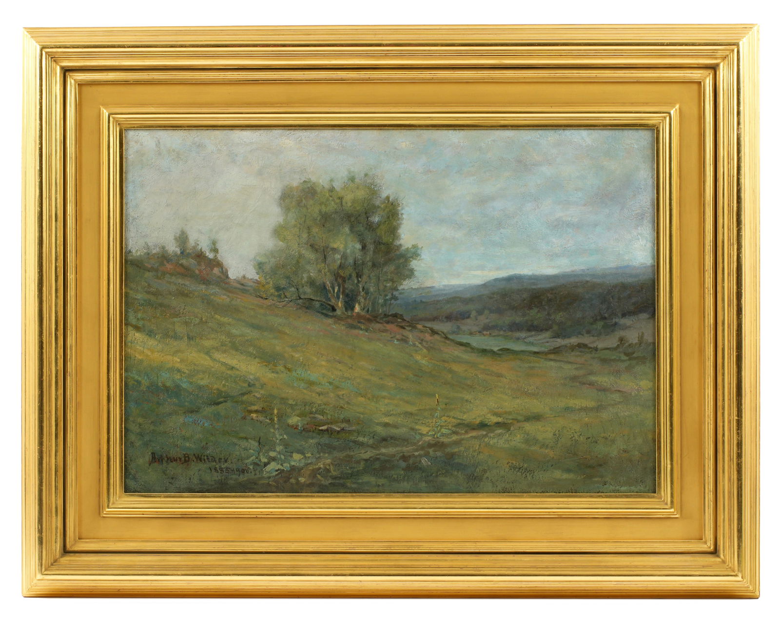 Arthur B Wilder & Dwight Tryon Vermont Landscape: WILDER, Arthur B., (American, 1857-1945) and TRYON, Dwight William, (American, 1849-1925): "Study in Vermont", meadow landscape with trees, Oil on Board, signed and dated 1885-1900 lower left, signed