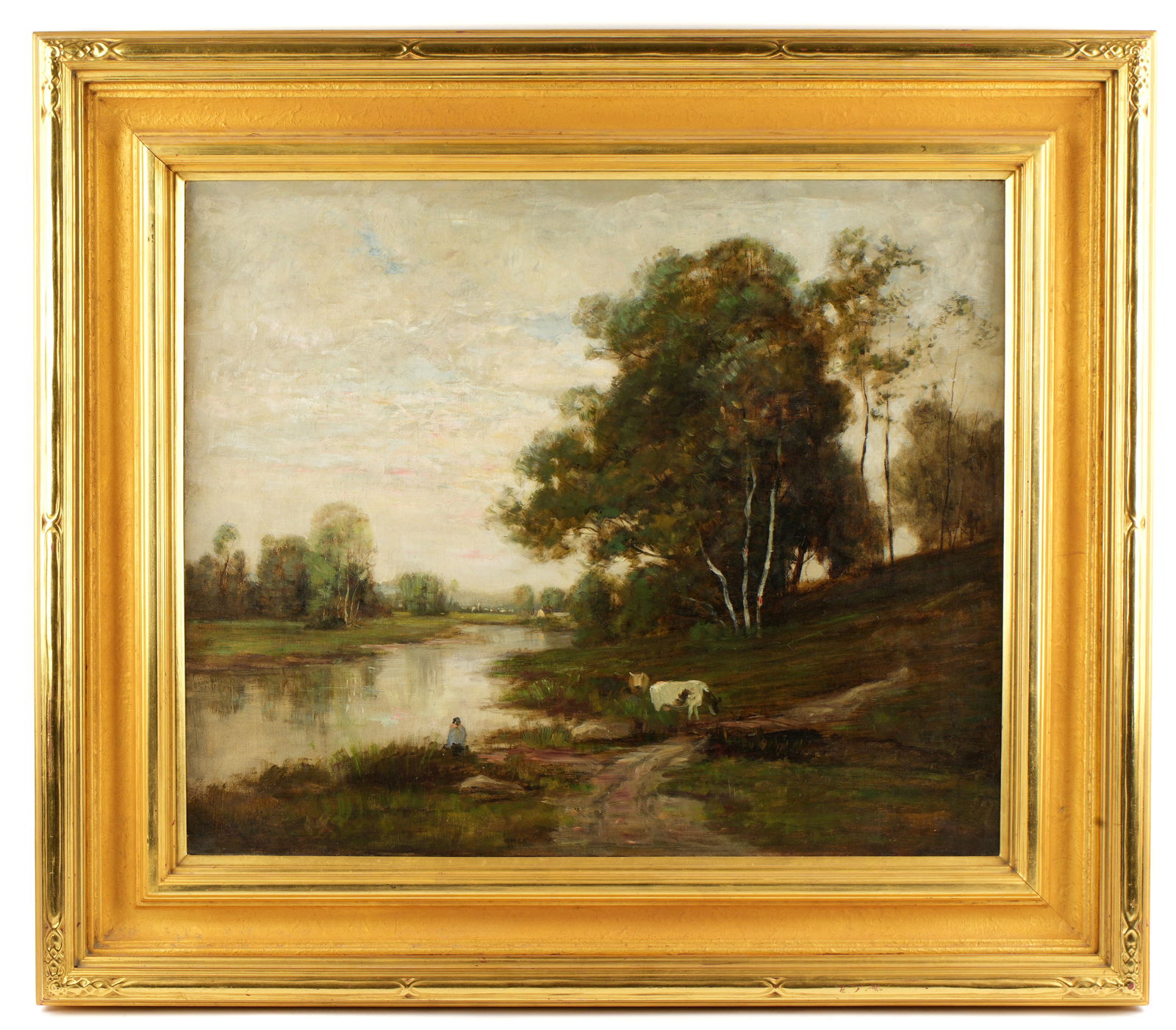 attr. George Inness Landscape with Figure and Cows: attributed INNESS, George, (American, 1825-1894): Montclair landscape with figure and two cows by a river, Oil on Canvas, there appears to be a faint signature and date lower left, however hard to dis