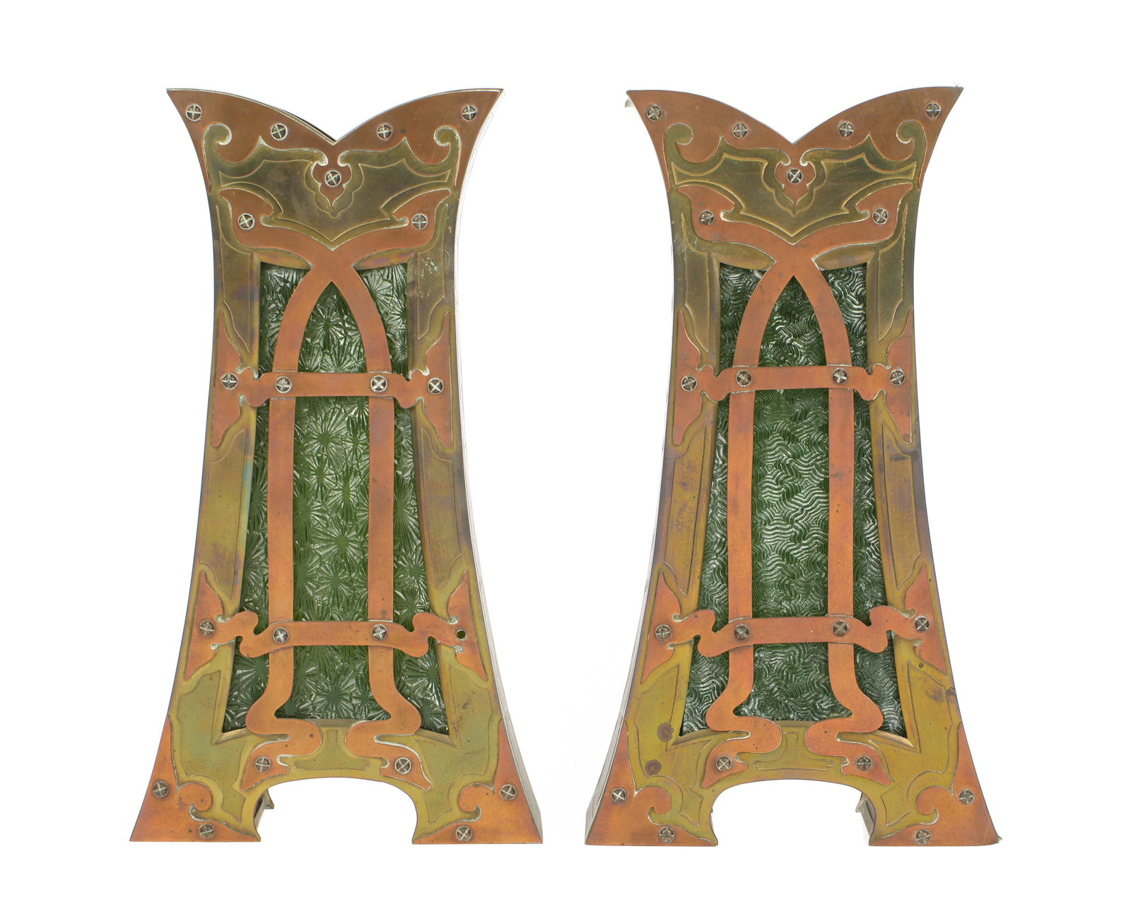 Pair Arts & Crafts Mixed Metal Green Glass Vases (1 of 7)