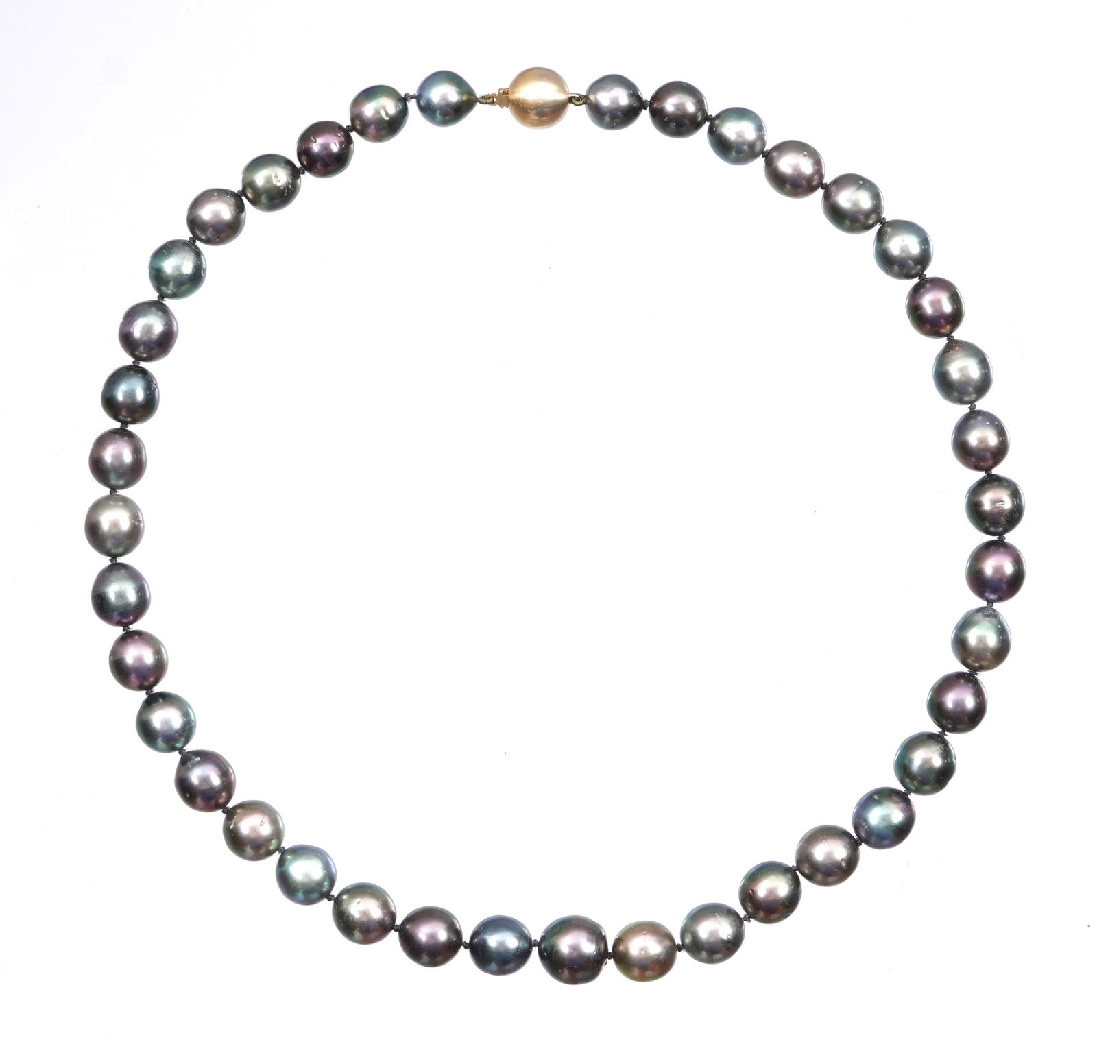 Shreve Crump and Low Tahitian Black Pearl Necklace: 39 dye injected Tahitian pearls various shades of black, sizes vary from 8 to 10mm, 18k gold clasp marked with makers mark, overall 18.75" long. Sold with a Shreve Crump and Low silk lined sleeve and