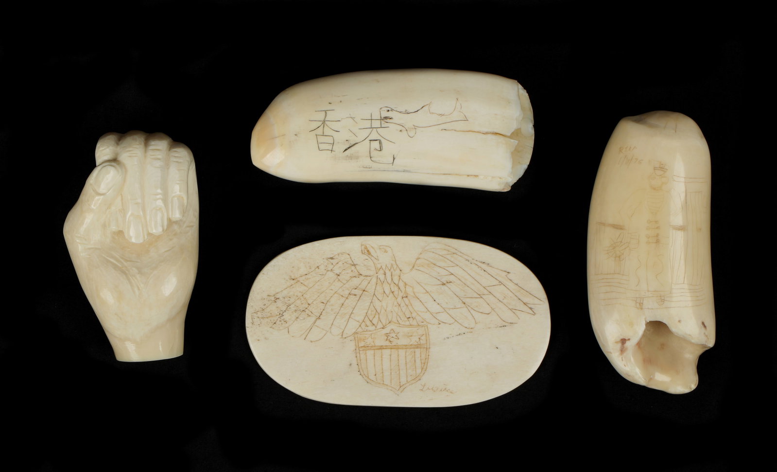 4 Pieces Scrimshaw Teeth, Plaque, and Fist: An assembled collection of four pieces total to include 1) Light scrimshaw tooth, figures of officers on a boat on both sides, illegibly signed, 4" long. 2) Scrimshaw tooth with whale and Japanese wri