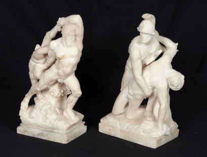Pair attributed Antonio Frilli Marble Sculptures: attributed FRILLI, Antonio, (Italian, 1880-1920): Two marble sculpture to include 1) Hercules and Diomedes in battle, after the antique, overall 10.25" h. x 5" x 3.5". Note base has separated from scu