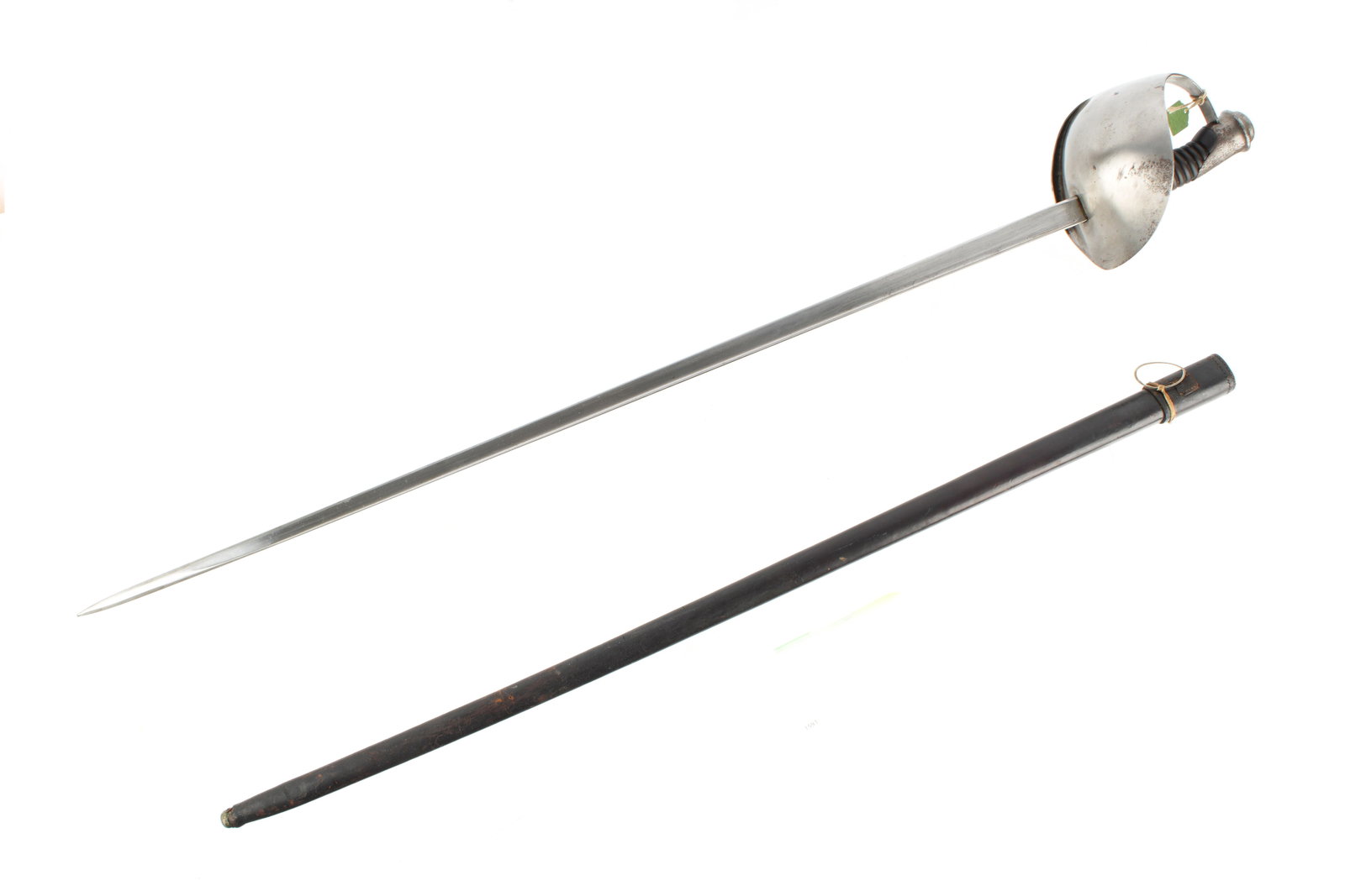 European Solid Basket Hilt Sword: 20th Century, iron solid basket hilt, hard rubber ribbed grip. Unmarked 34" straight blade with thick spine, leather scabbard. Overall 41.5" long. Condition: Pitting to hilt, please see photographs.