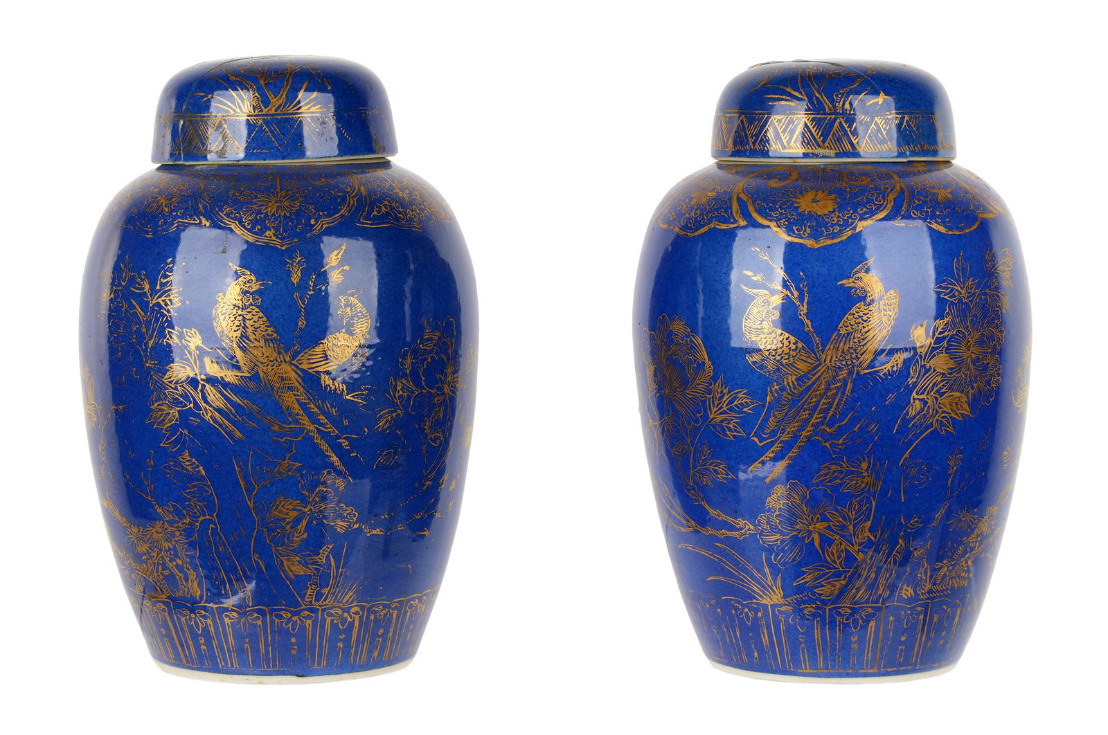 Pair Chinese Blue and Gilt Porcelain Covered Jars (1 of 10)