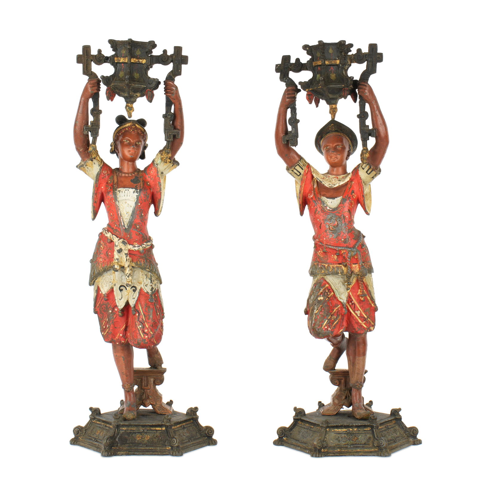 Pr Continental Painted Metal Siamese Candlesticks Auction