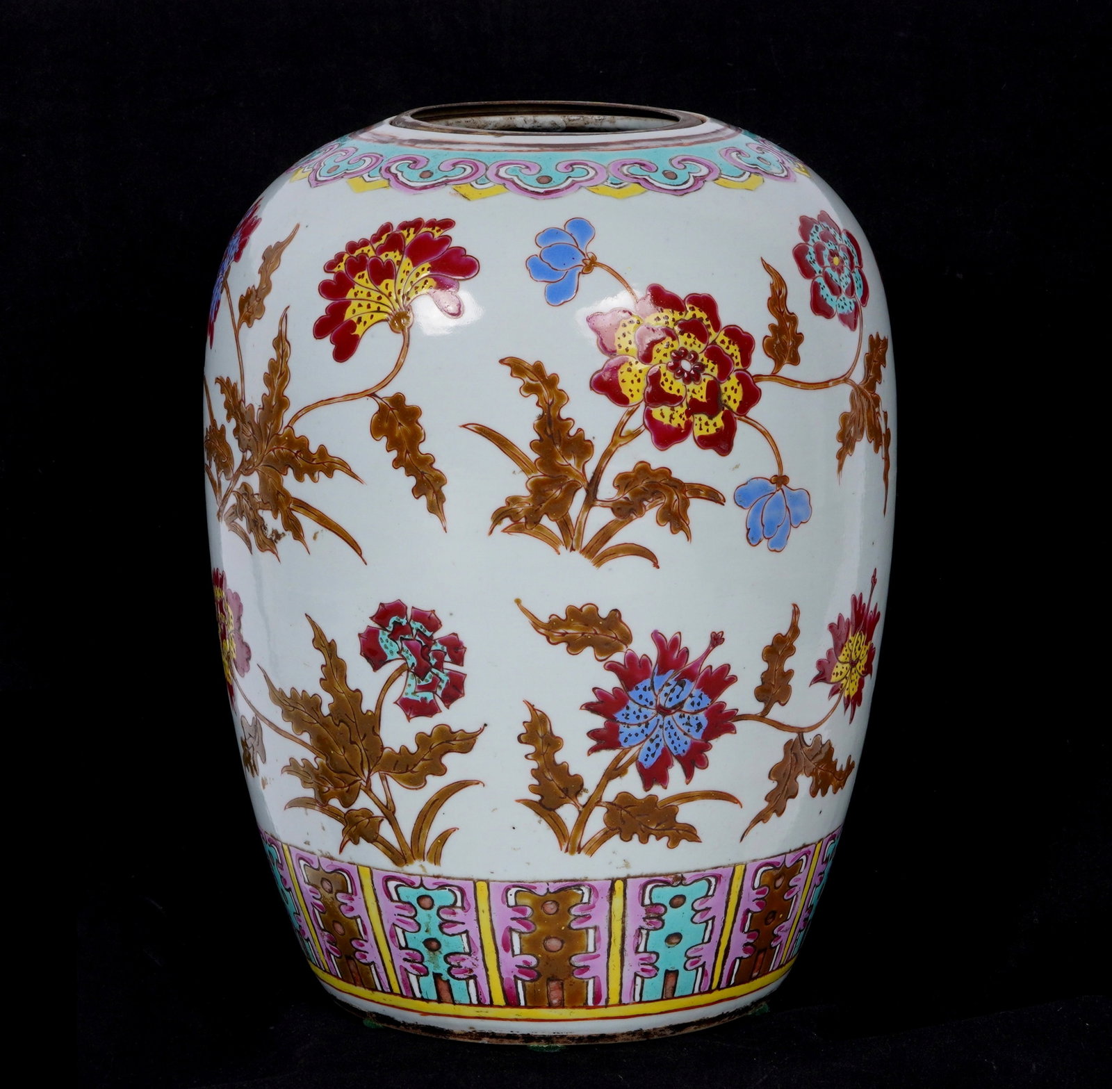 Chinese Porcelain Ginger Jar SEE CHANGE IN DESC.: White ground, floral decoration, unmarked. Removable brass ring at throat, no lid. Overall 11" h. x 8" dia. From the recently closed Duck and Dolphin Antiques in Key West, Florida, founded by Paul Cox