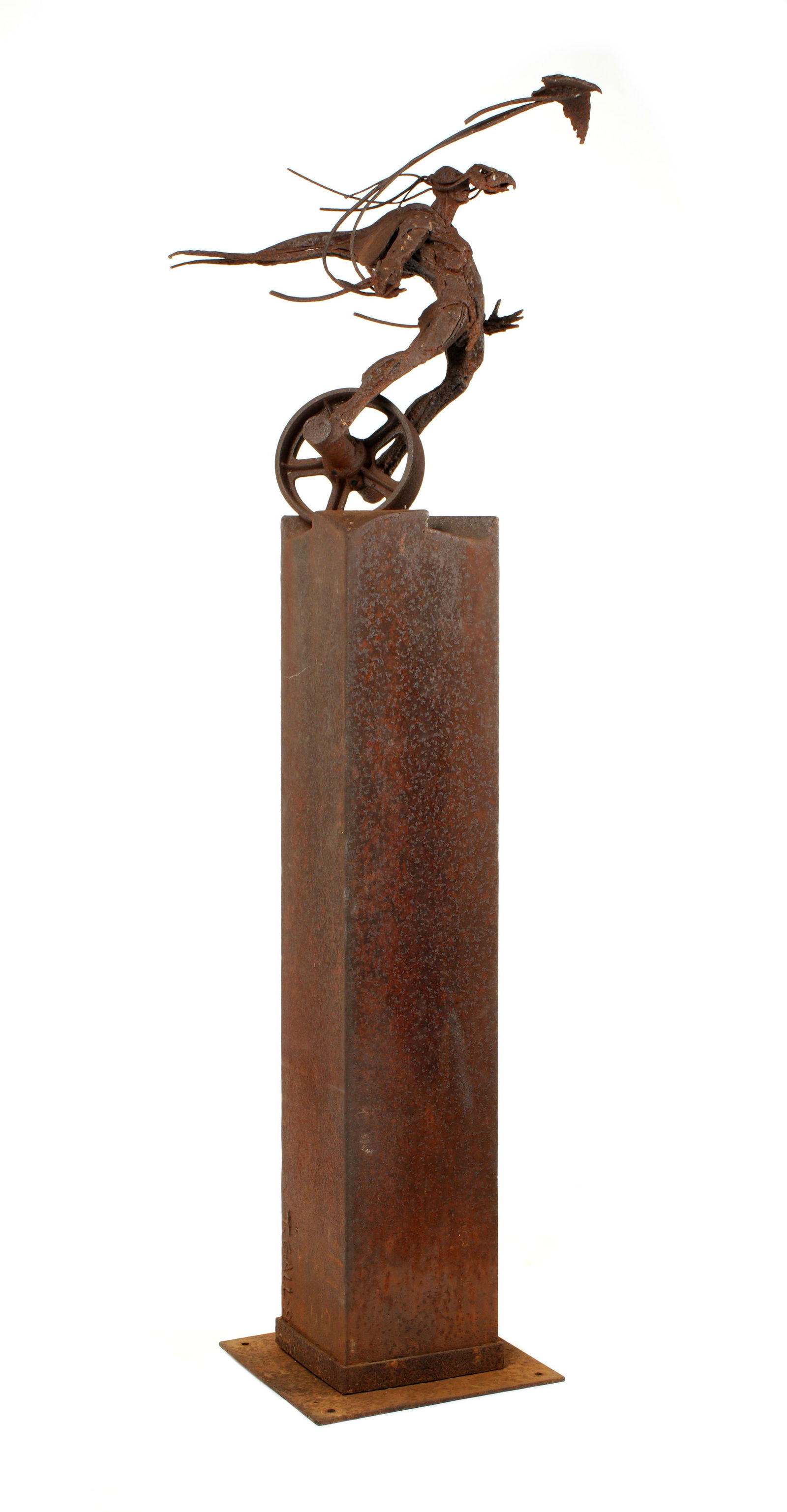 Large Theodore Gall Image Chaser Metal Sculpture: GALL, Theodore, (American, b. 1941): Figure of a masked man on a wheel with bird above, on metal base, signed and numbered 8 near base, 71.5" h. x 24" x 12". Condition: Rusting intentional by design o