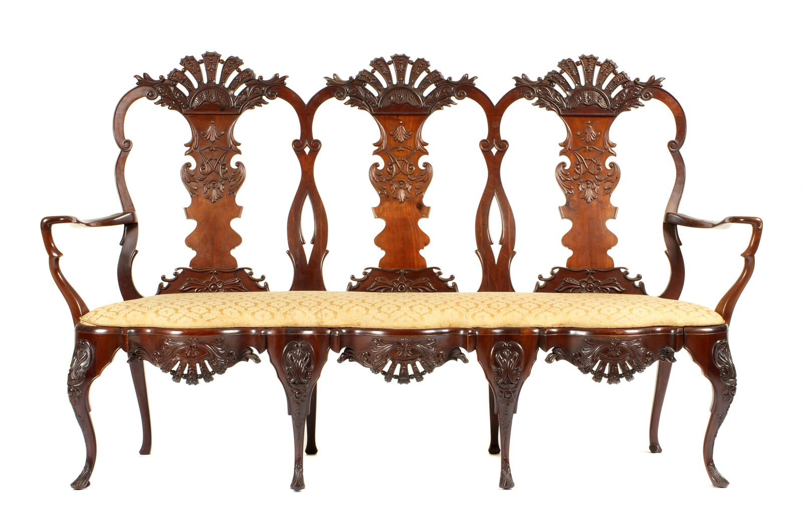 Carved Mahogany Queen Anne Style Triple Settee (1 of 9)