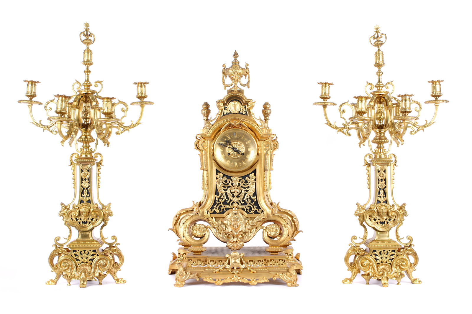 French Louis XIV Style Bronze Clock Garniture Set (1 of 12)